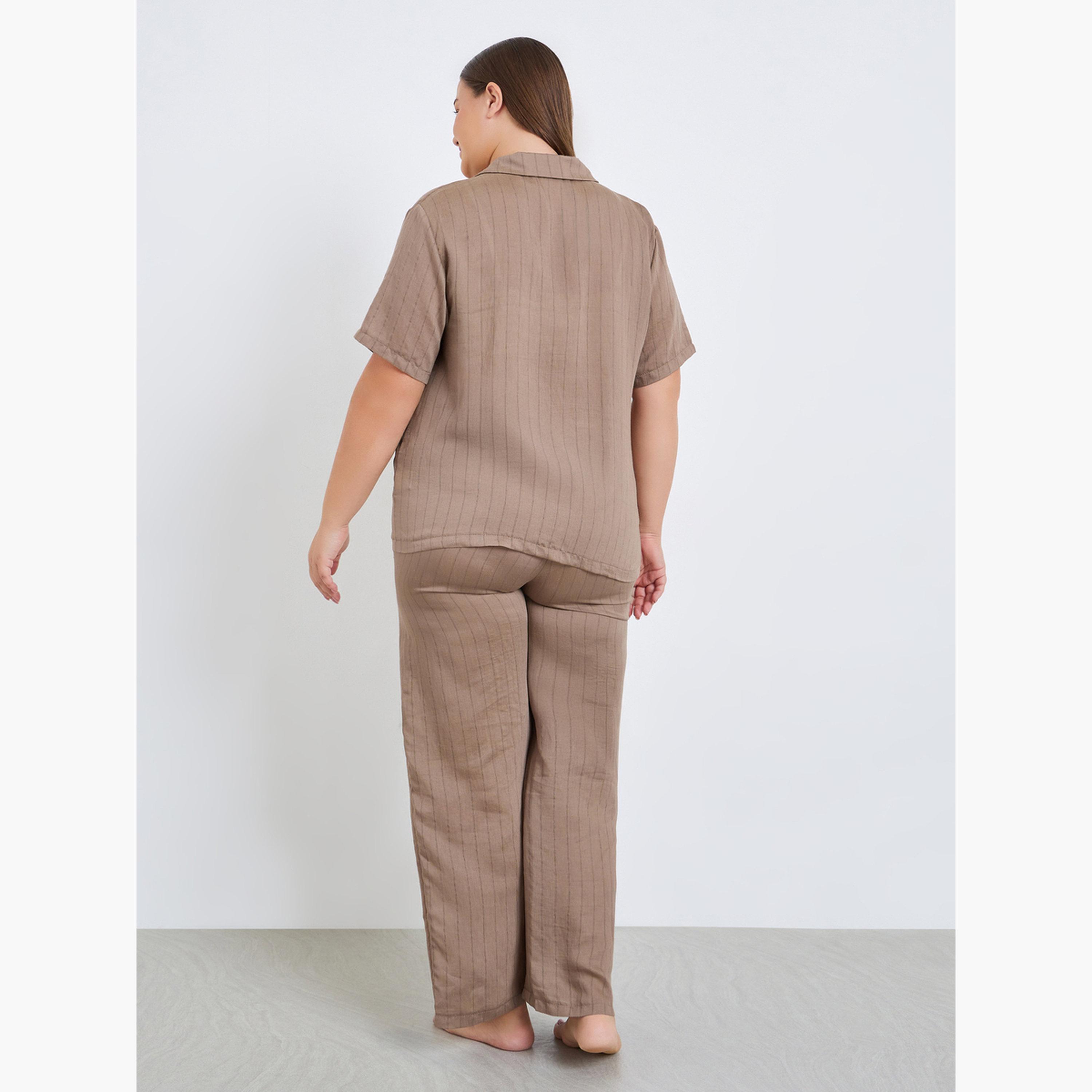 طقم بيجاما من بنطال وبلوزة مخططة بمقاس كبير-women-clothing-nightwear-pyjamas-longsets-image-6