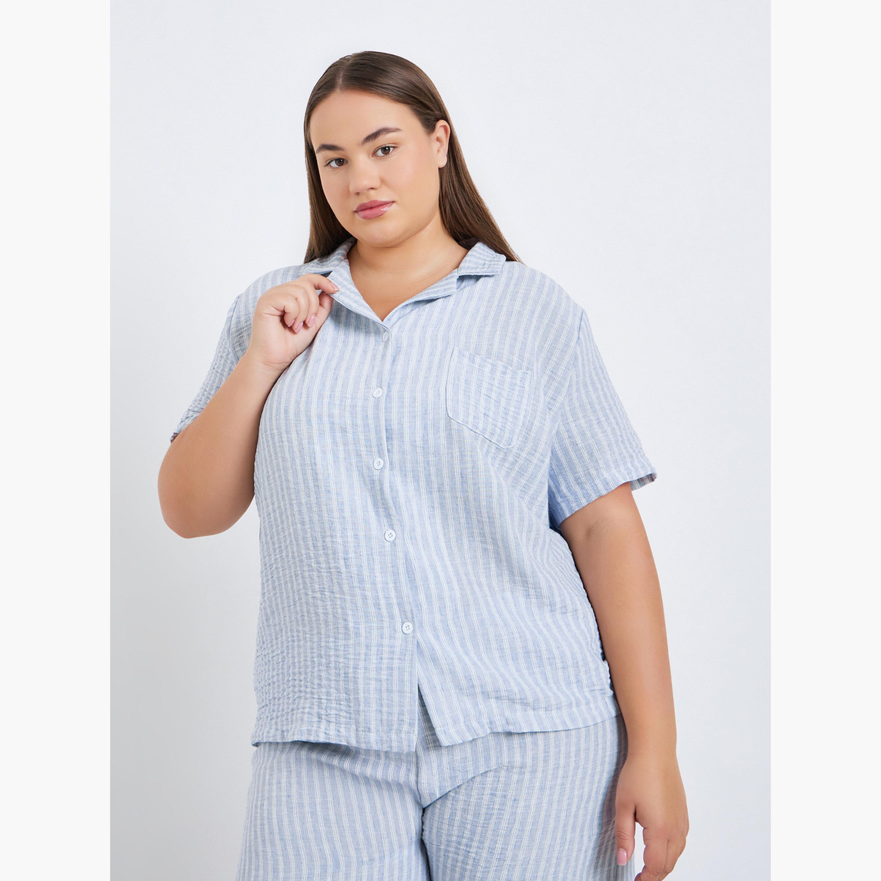 Styli Plus Size Woven Striped Linen Look Shirt and Pyjama Set-women-clothing-nightwear-pyjamas-longsets-image-2