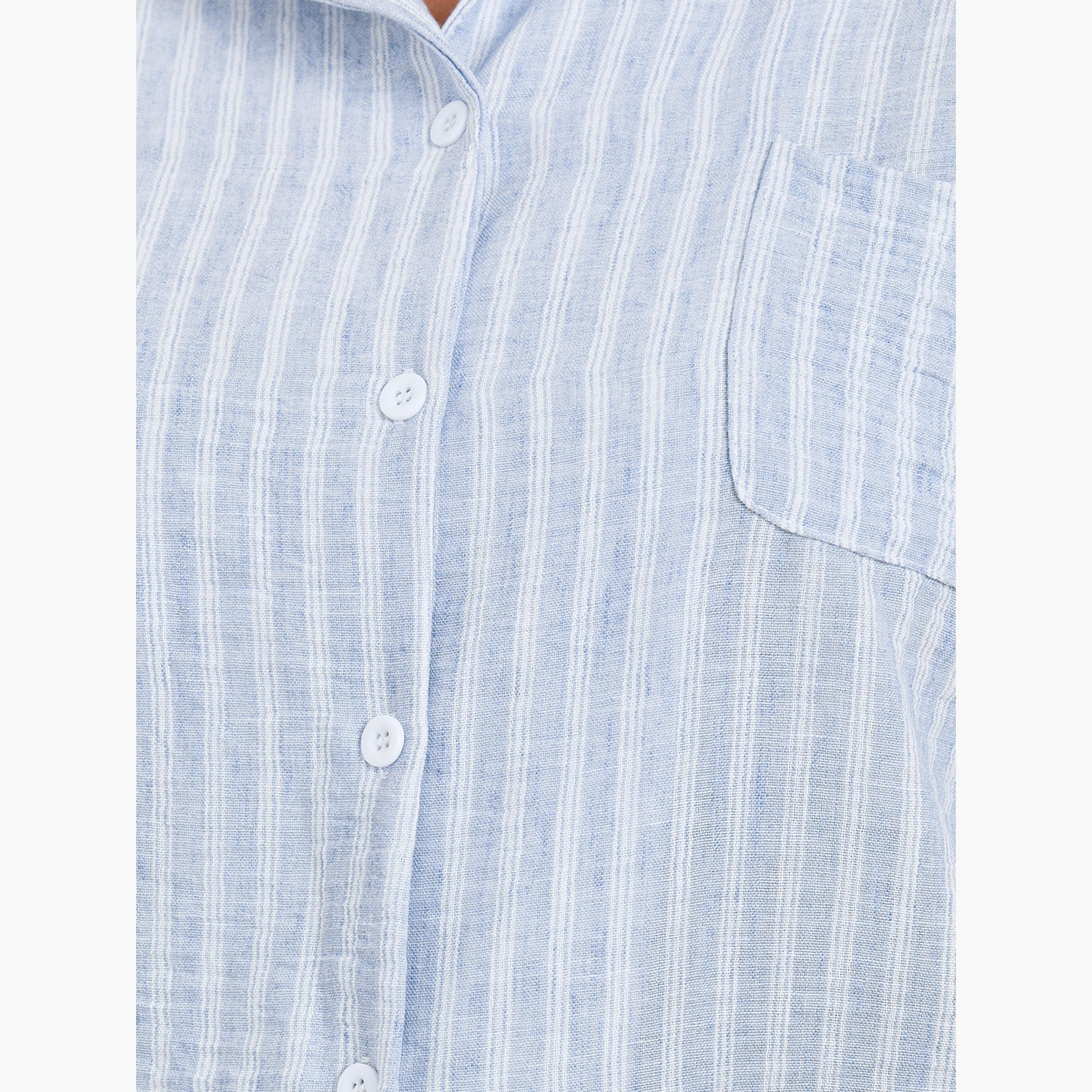Styli Plus Size Woven Striped Linen Look Shirt and Pyjama Set-women-clothing-nightwear-pyjamas-longsets-image-3
