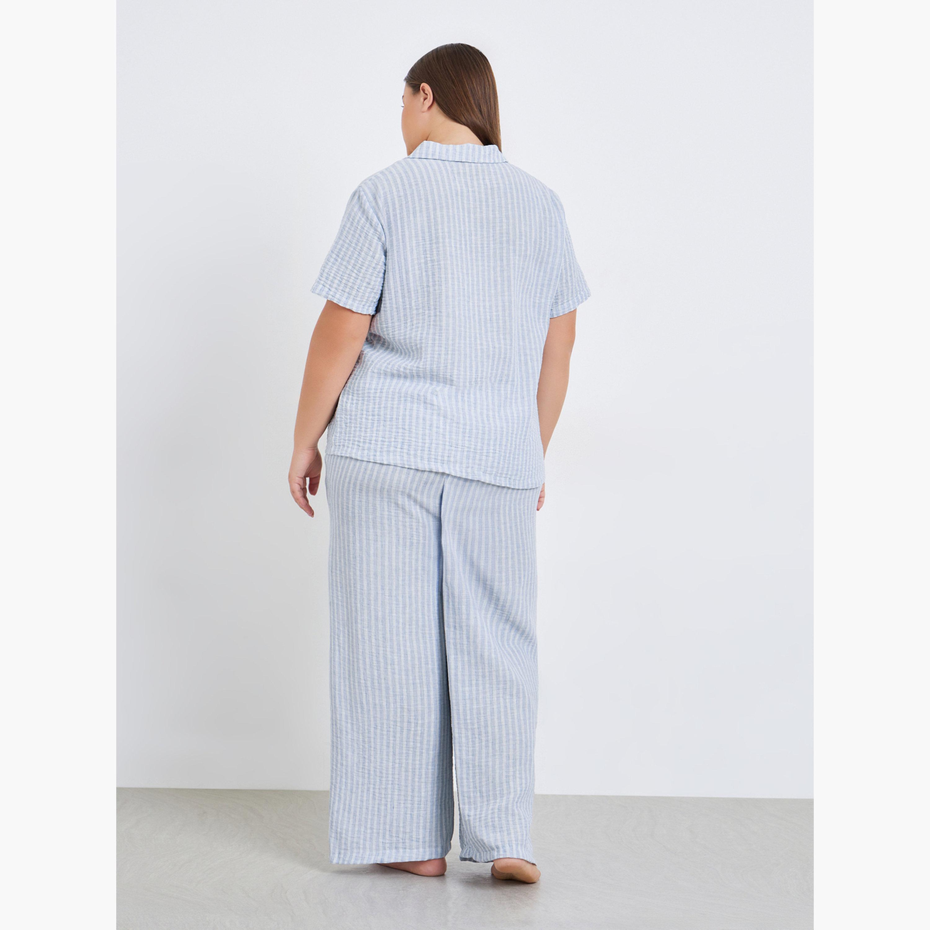 طقم بيجاما من بنطال وبلوزة مخططة بمقاس كبير-women-clothing-nightwear-pyjamas-longsets-image-5