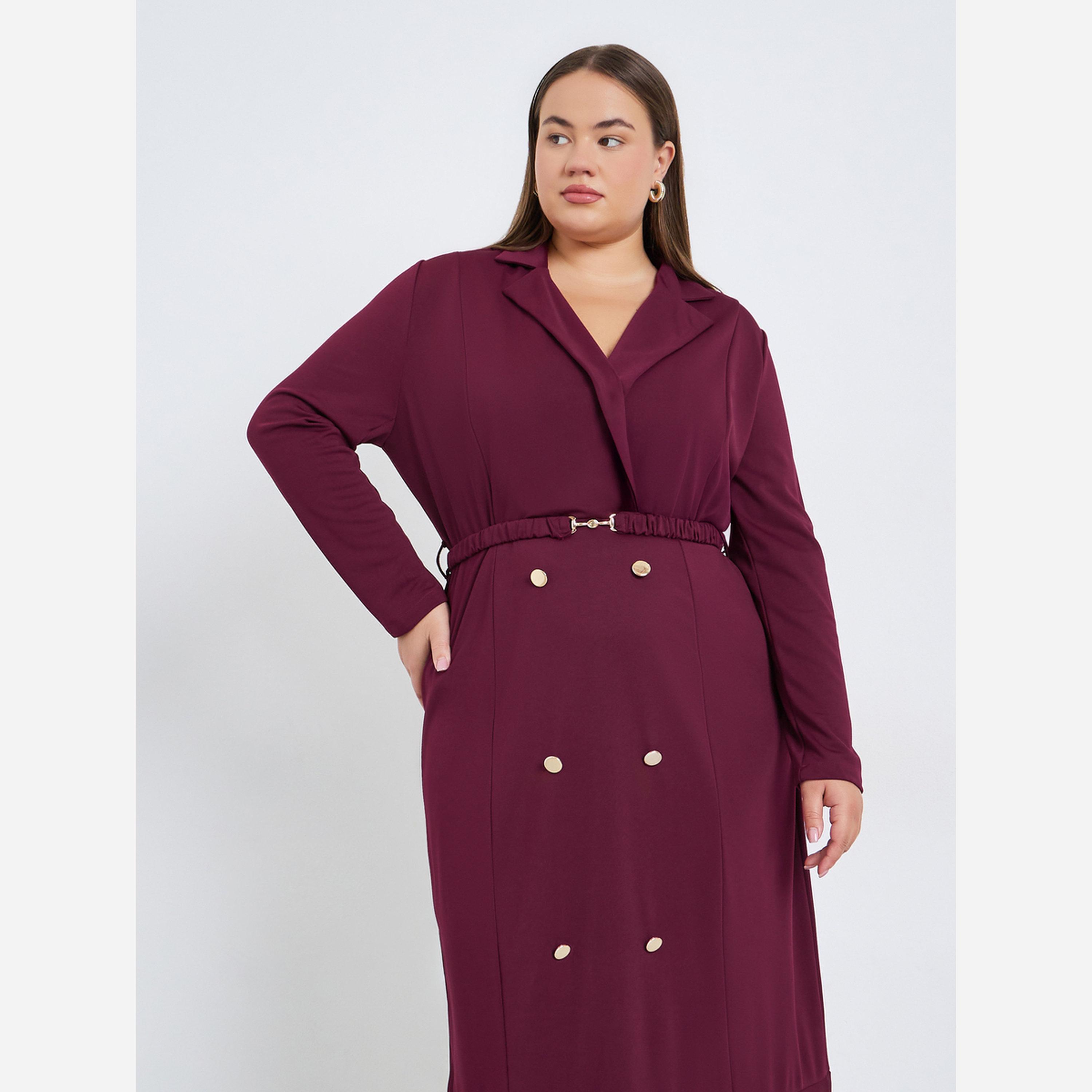 ستايلي - فستان متوسط الطول بليزر برغندي مقاس واسع-women-clothing-dresses-image-4