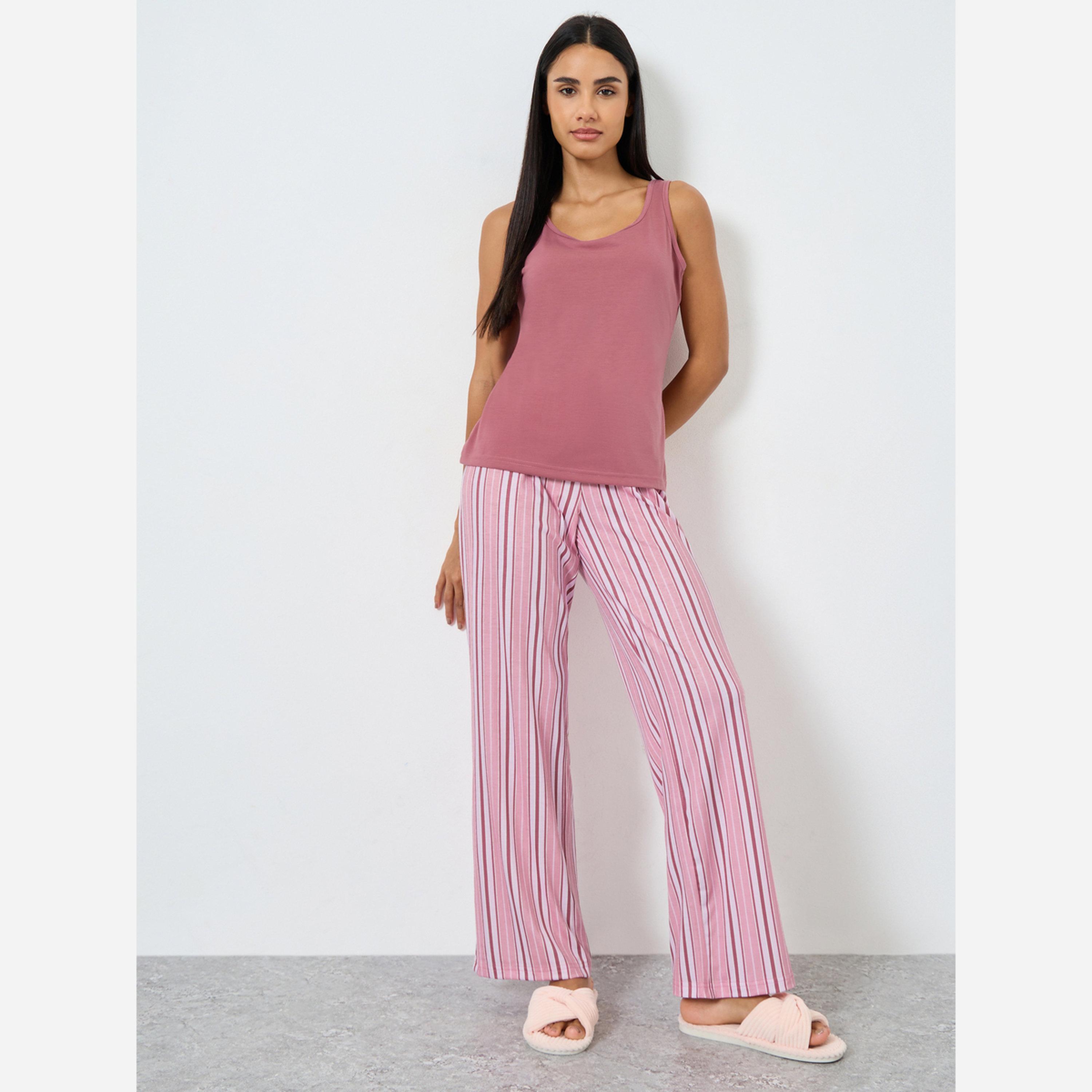 ستايلي - بنطال بيجاما مخطط مع بلوزة سادة-women-clothing-nightwear-pyjamas-longsets-image-1