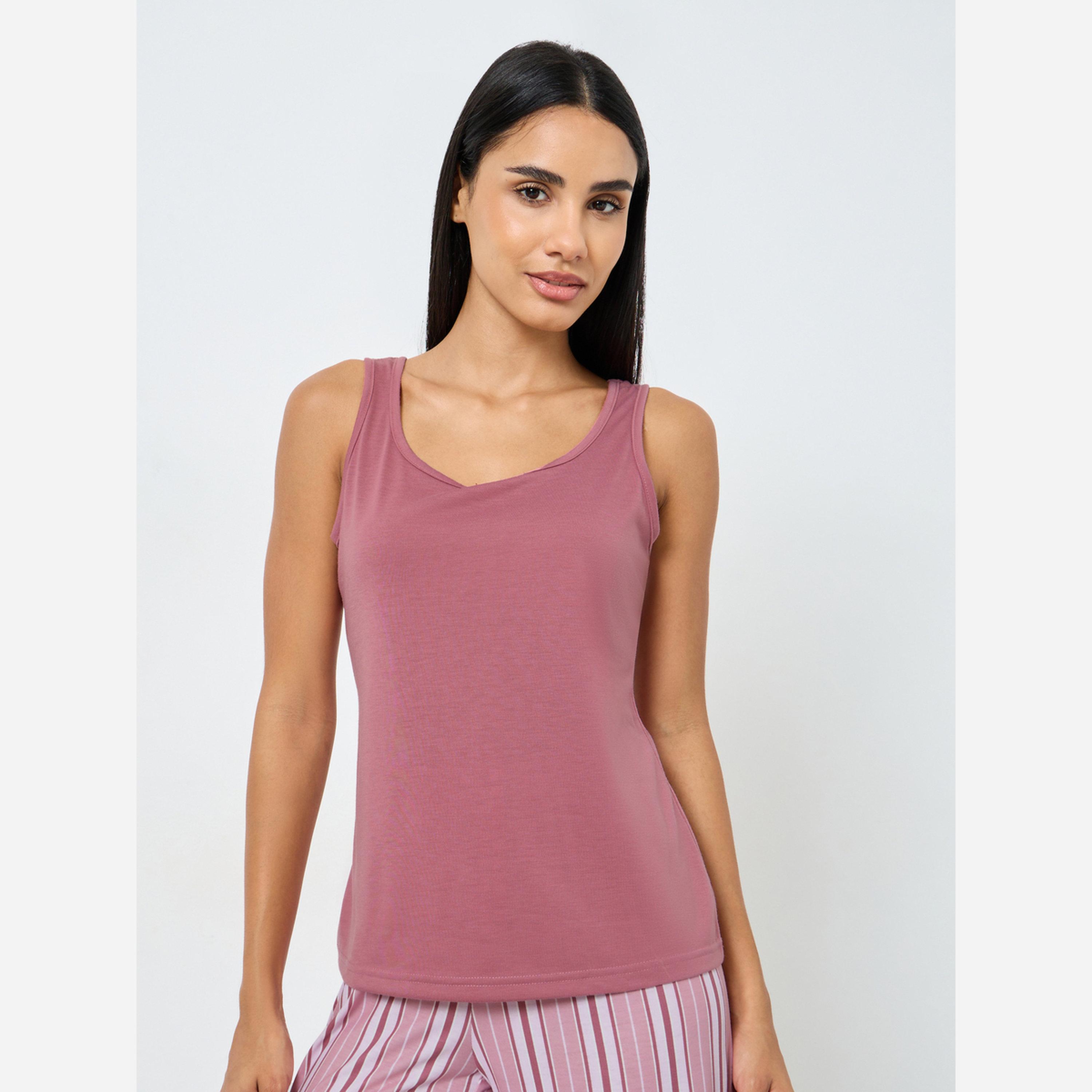 Styli Solid Vest and Striped Pyjama Set-women-clothing-nightwear-pyjamas-longsets-image-2