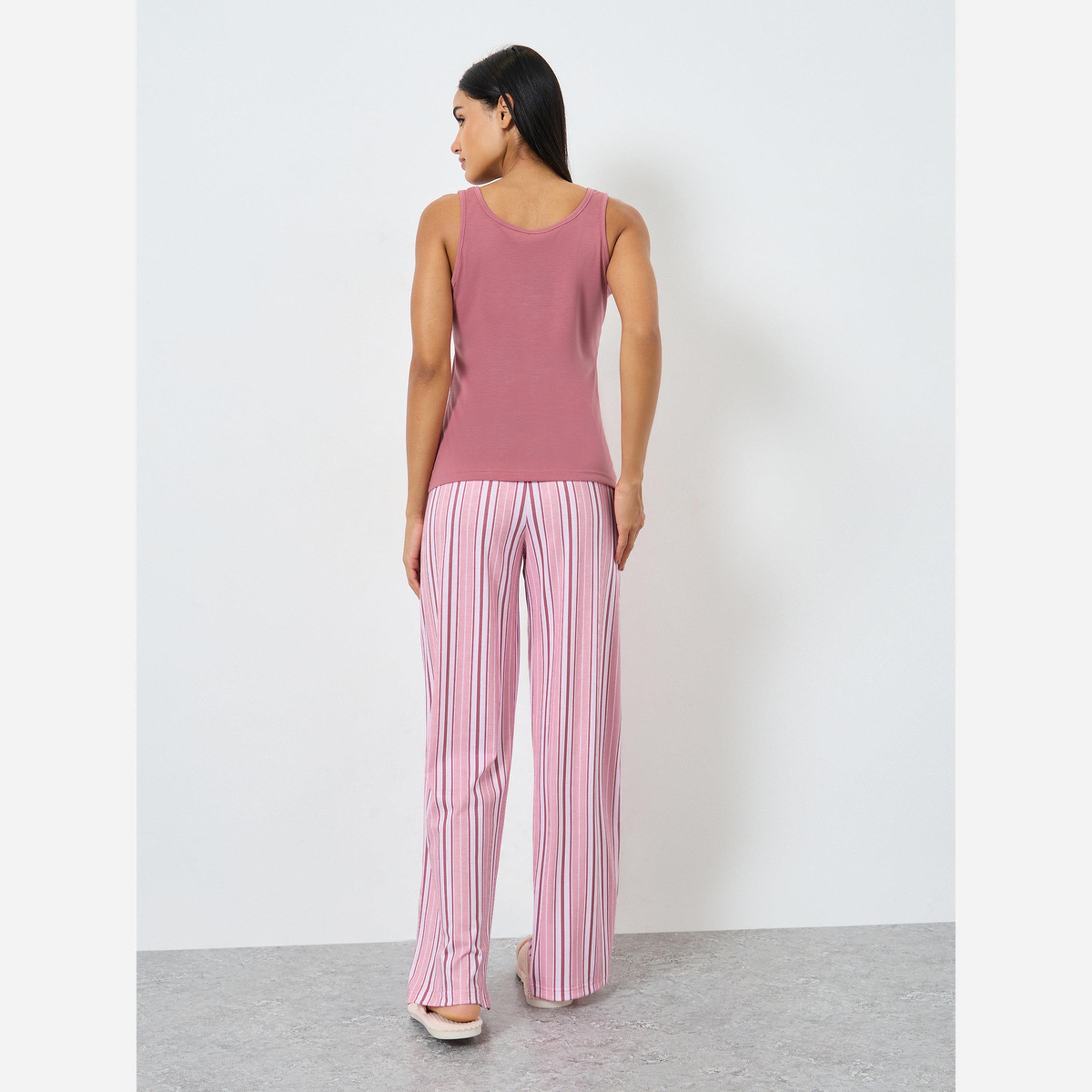 Styli Solid Vest and Striped Pyjama Set-women-clothing-nightwear-pyjamas-longsets-image-5