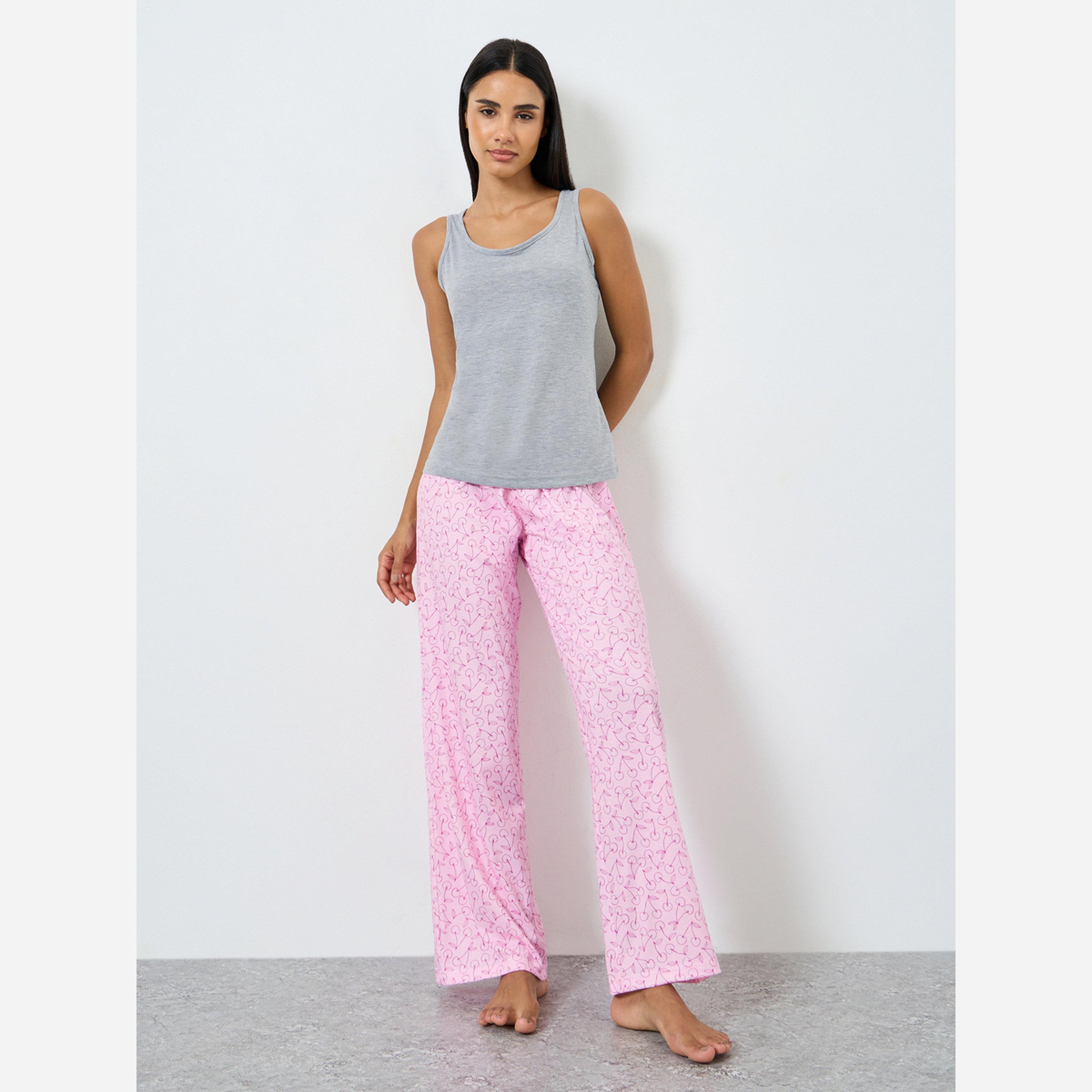 Styli Solid Vest and Cherry Print Pyjama Set-women-clothing-nightwear-pyjamas-longsets-image-1