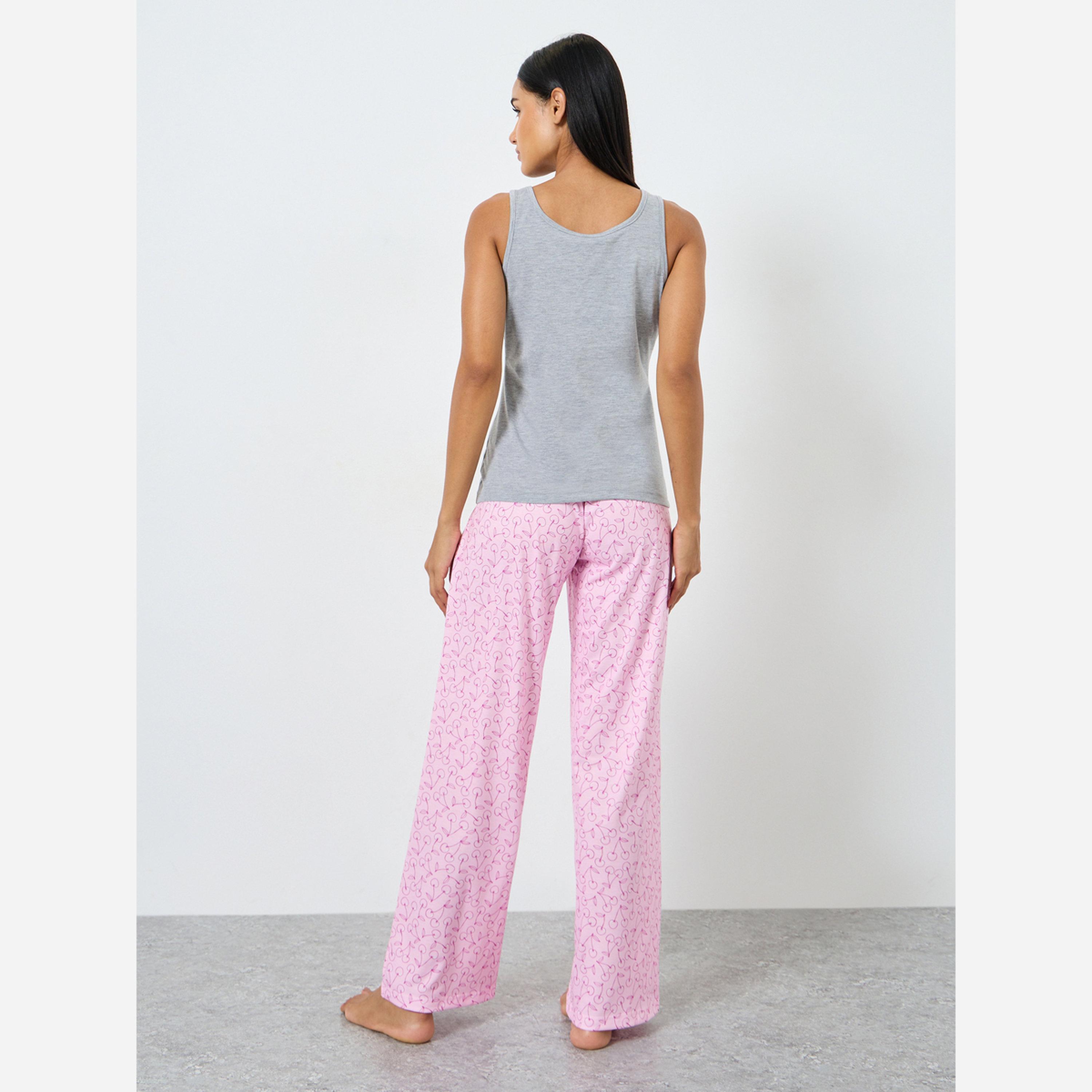 ستايلي - بنطال بيجاما طبعة كرز مع بلوزة سادة-women-clothing-nightwear-pyjamas-longsets-image-1