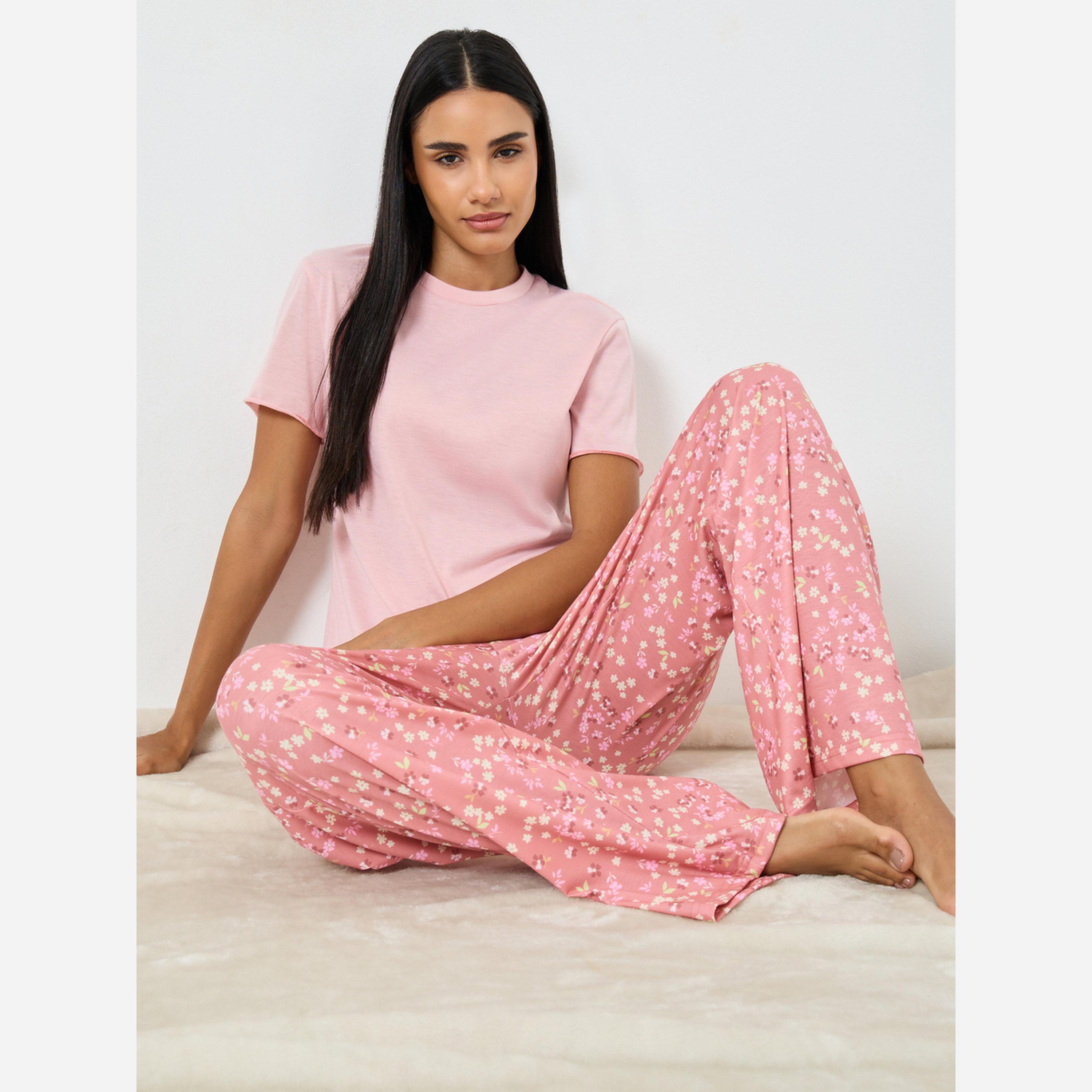 ستايلي - بيجاما بنطال طبعة زهور مع بلوزة سادة-women-clothing-nightwear-pyjamas-longsets-image-2