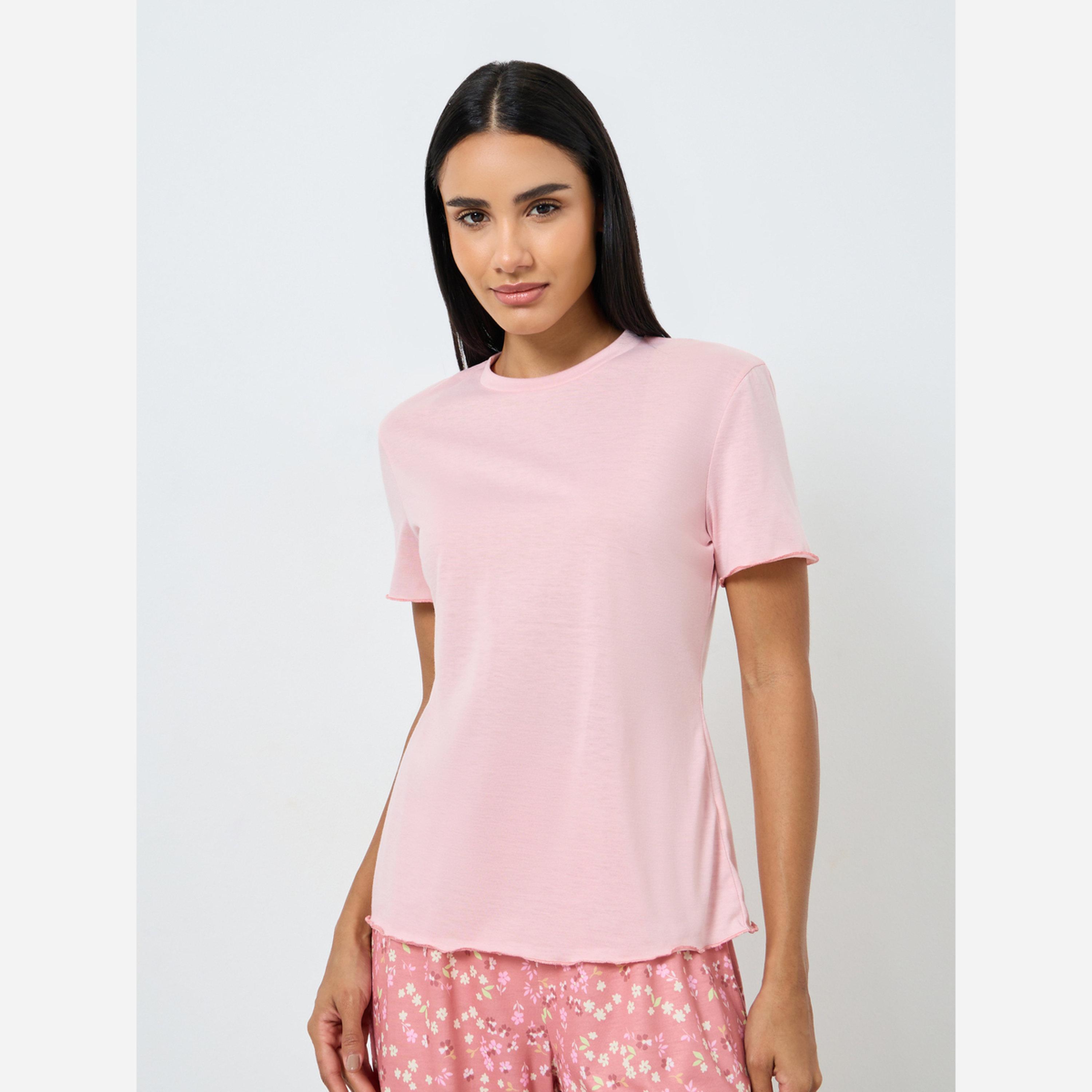 Styli Solid T-Shirt and Floral Pyjama Set-women-clothing-nightwear-pyjamas-longsets-image-3