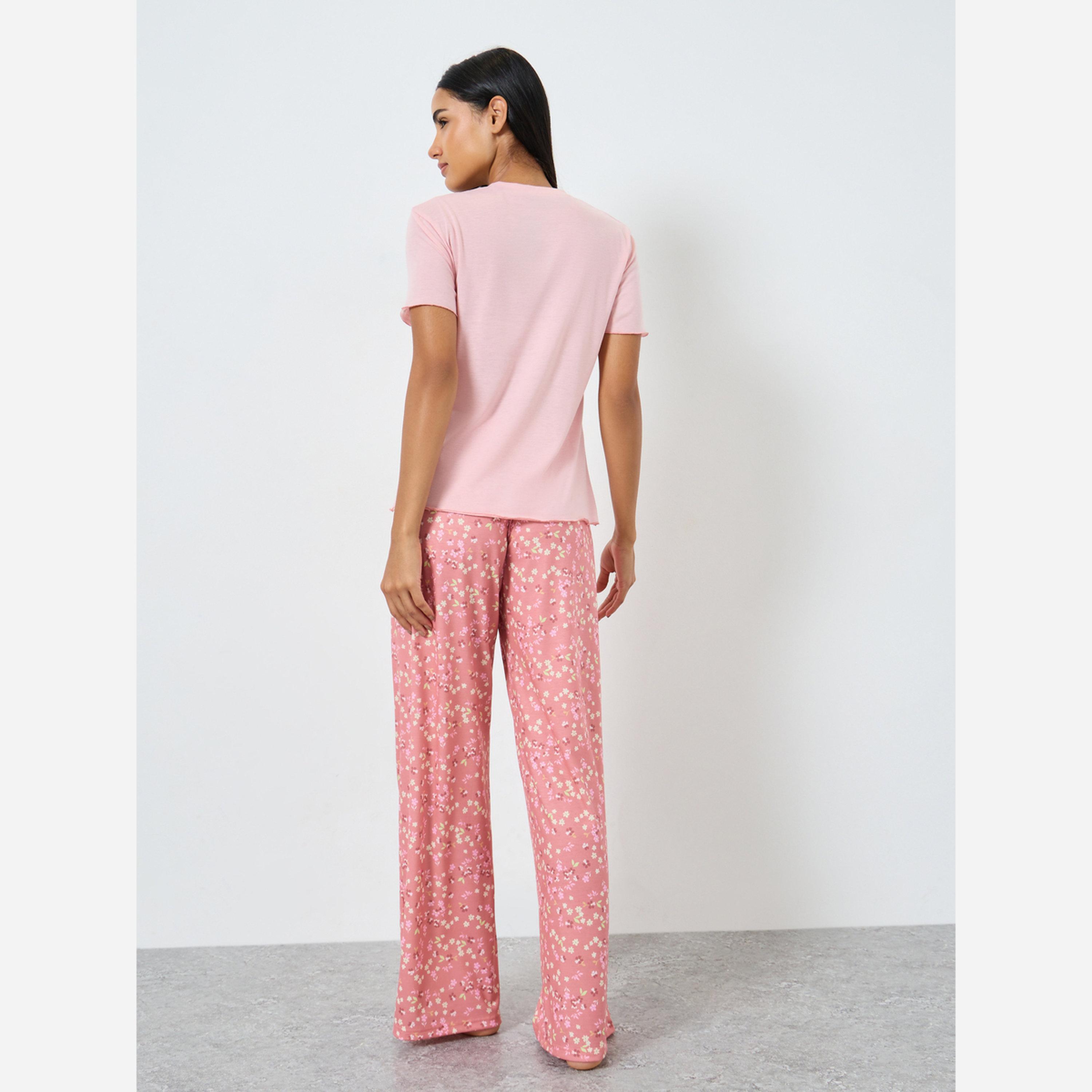 Styli Solid T-Shirt and Floral Pyjama Set-women-clothing-nightwear-pyjamas-longsets-image-6