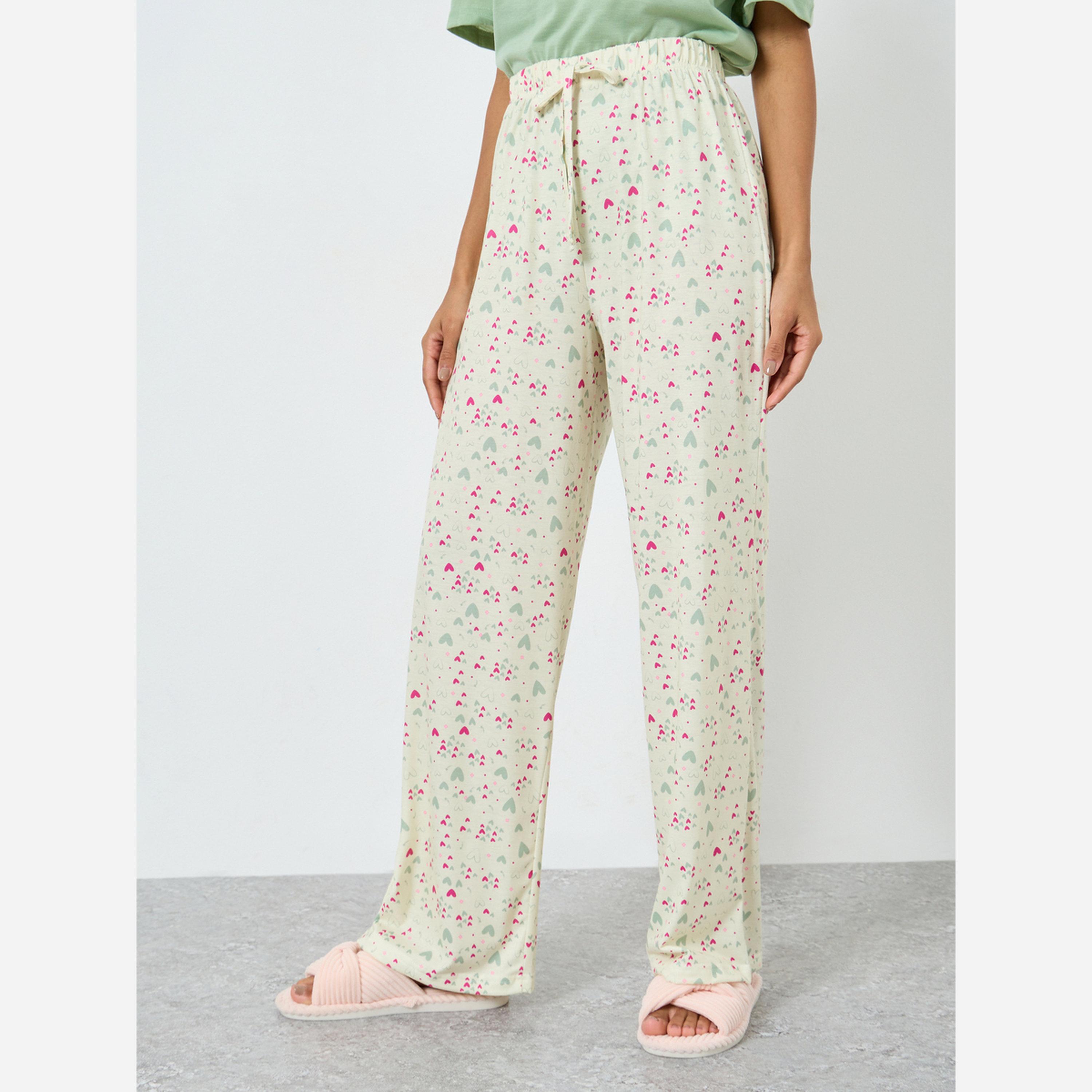 ستايلي - بيجاما بتيشيرت ياقة شكل سبعة وأكتاف منسدلة وطبعة شعار-women-clothing-nightwear-pyjamas-longsets-image-4