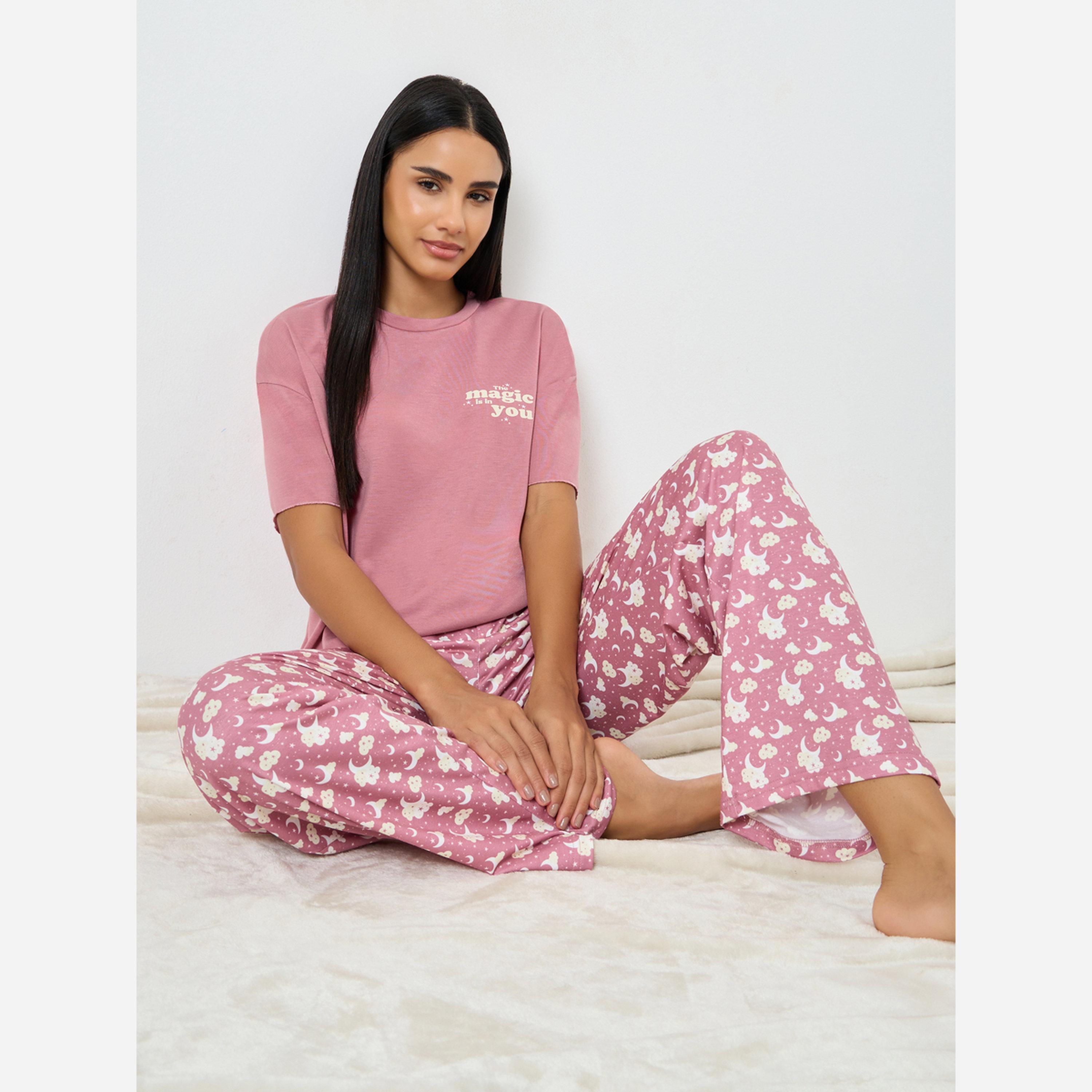 Styli Magic Slogan Drop Shoulder T-Shirt and Cloud Print Pyjama Set-women-clothing-nightwear-pyjamas-longsets-image-2