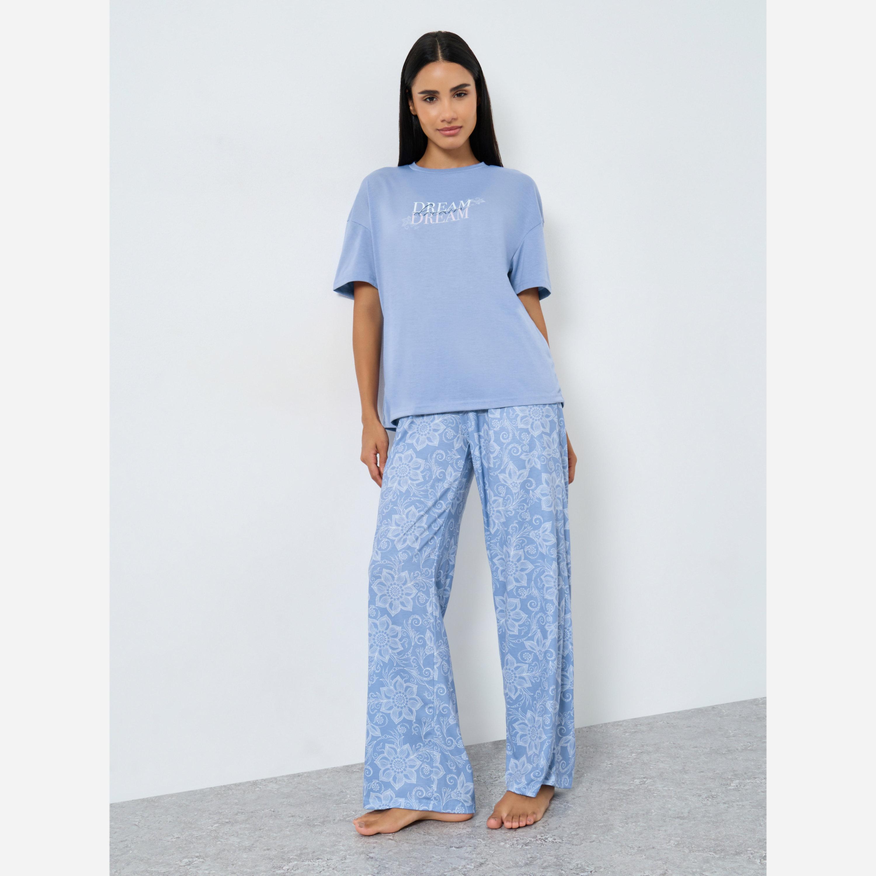 ستايلي - بيجاما طبعة شعار Dream أكمام منسدلة-women-clothing-nightwear-pyjamas-longsets-image-1