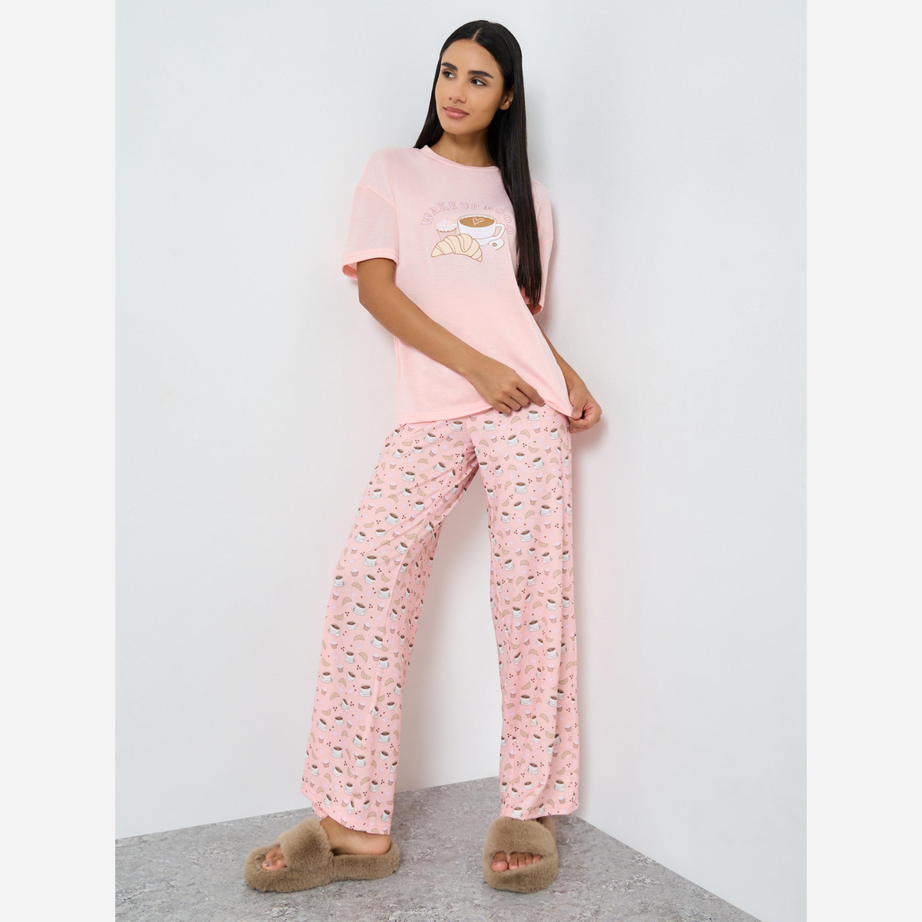 Styli Coffee Graphic Print Drop Shoulder T-Shirt and Pyjama Set-women-clothing-nightwear-pyjamas-longsets-image-1