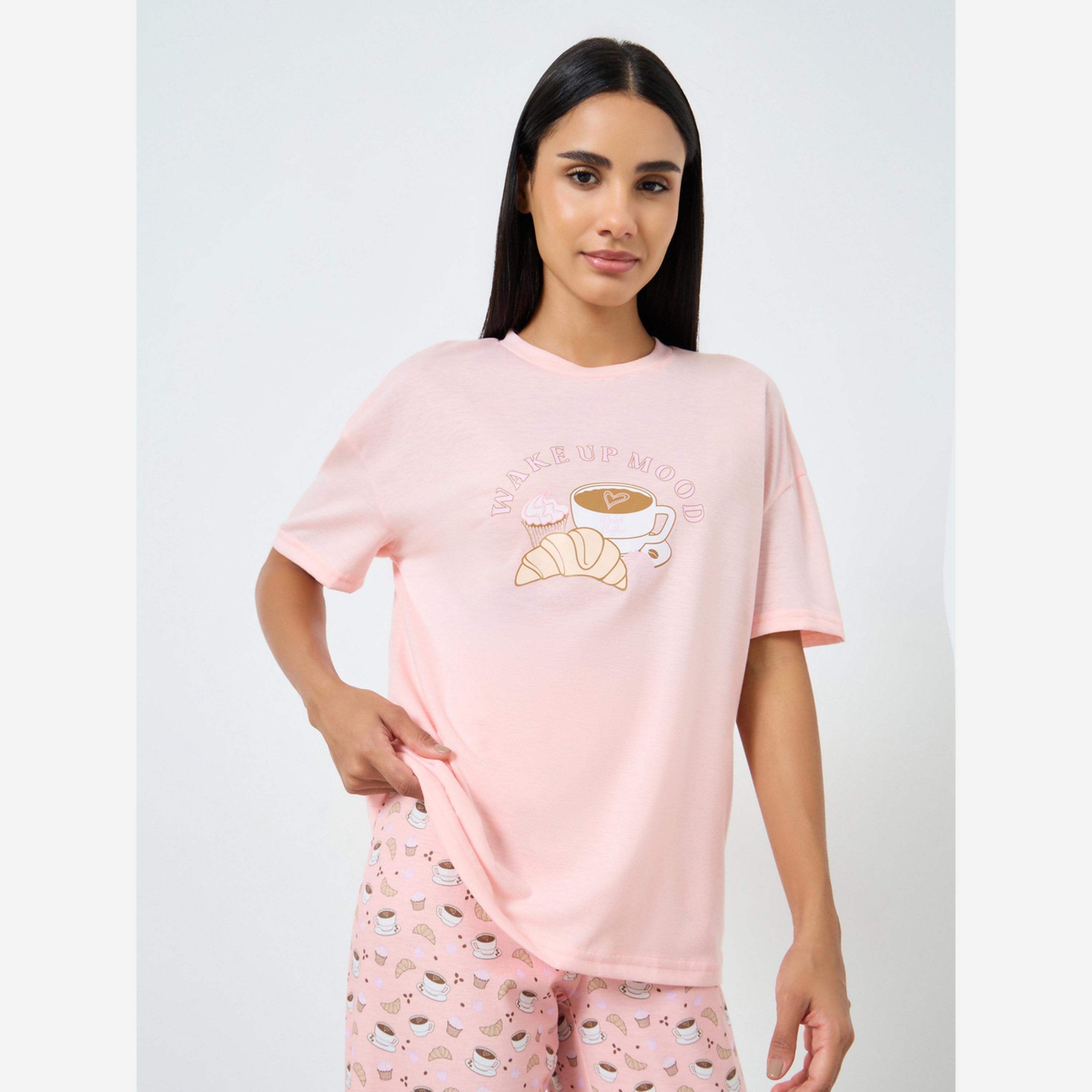 ستايلي - بيجاما تيشيرت طبعة رسومات قهوة أكمام منسدلة-women-clothing-nightwear-pyjamas-longsets-image-2