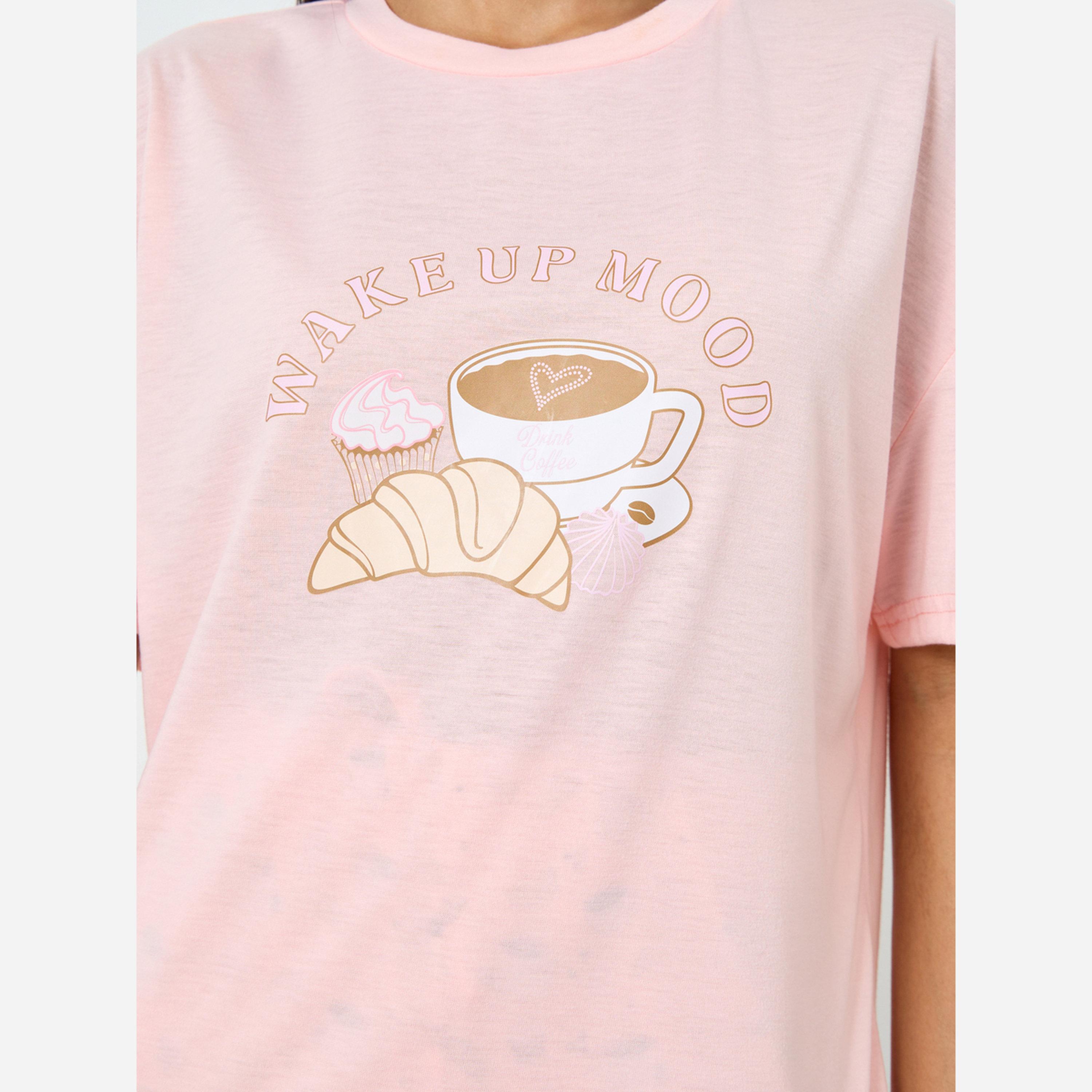 ستايلي - بيجاما تيشيرت طبعة رسومات قهوة أكمام منسدلة-women-clothing-nightwear-pyjamas-longsets-image-3