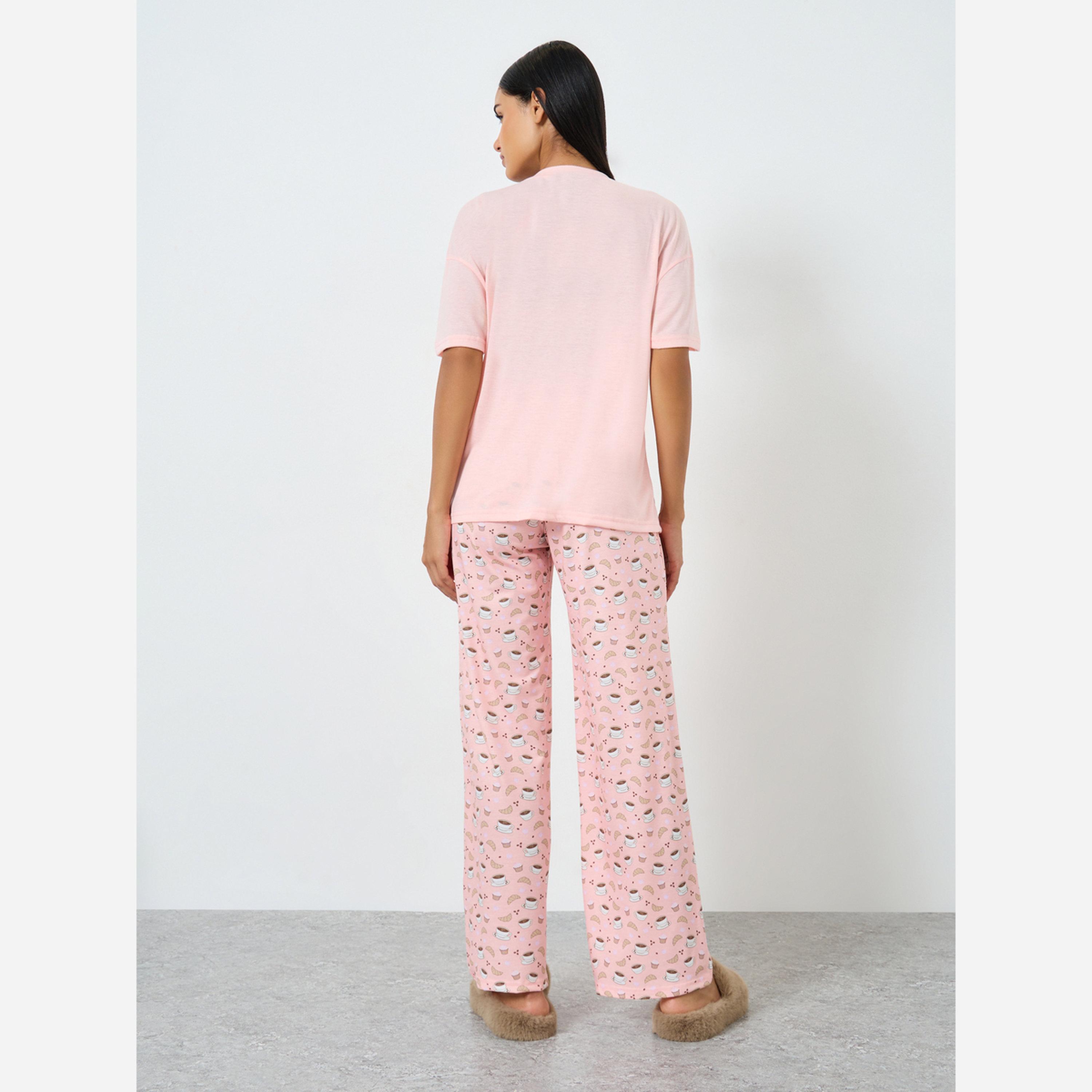 Styli Coffee Graphic Print Drop Shoulder T-Shirt and Pyjama Set-women-clothing-nightwear-pyjamas-longsets-image-5