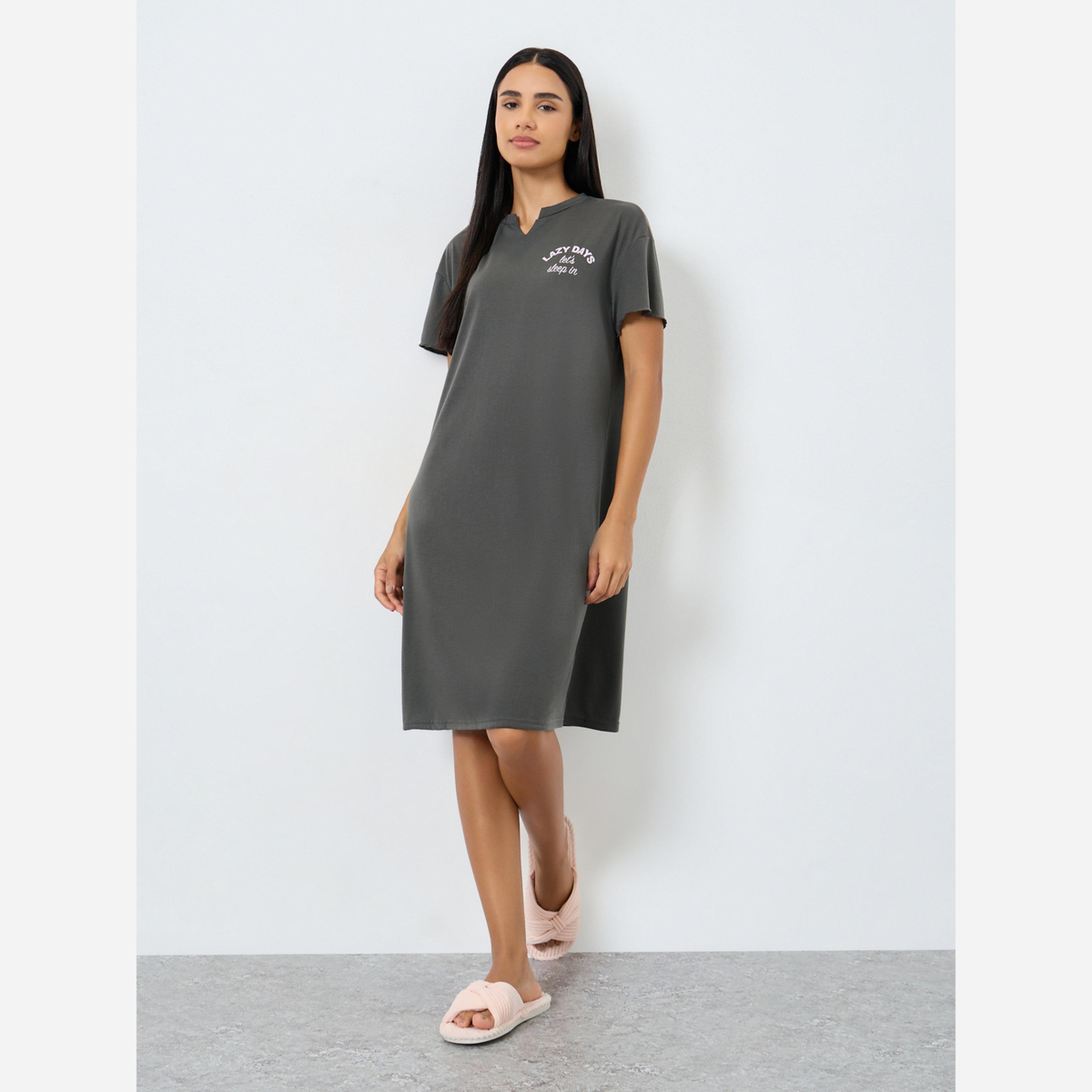 Styli Lazy Days Notch Neck Drop Shoulder Sleeve Sleep T-Shirt Dress-women-clothing-nightwear-nighties-image-1