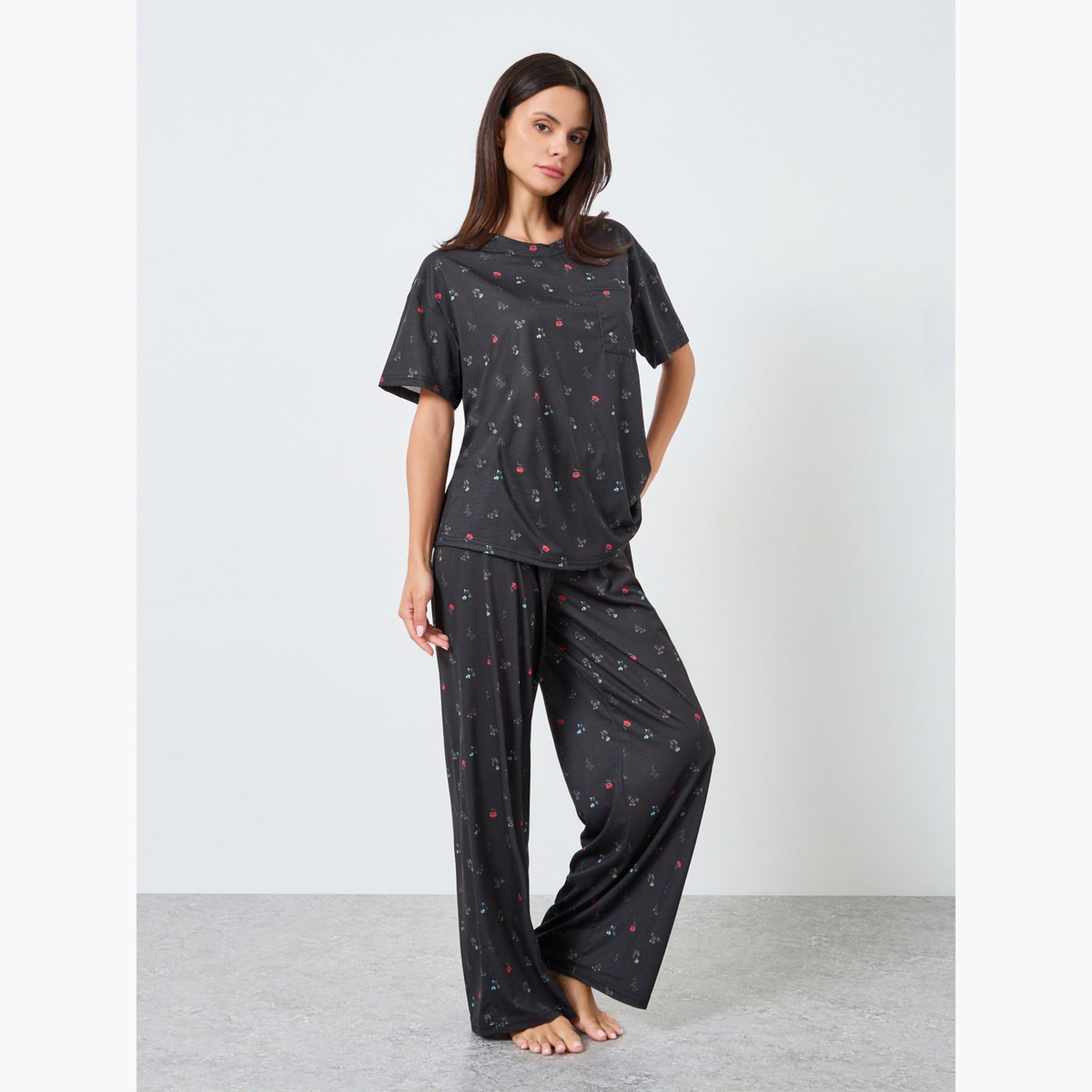 Styli Multi Floral Drop Shoulder T-Shirt and Pyjama Set-women-clothing-nightwear-pyjamas-longsets-image-1