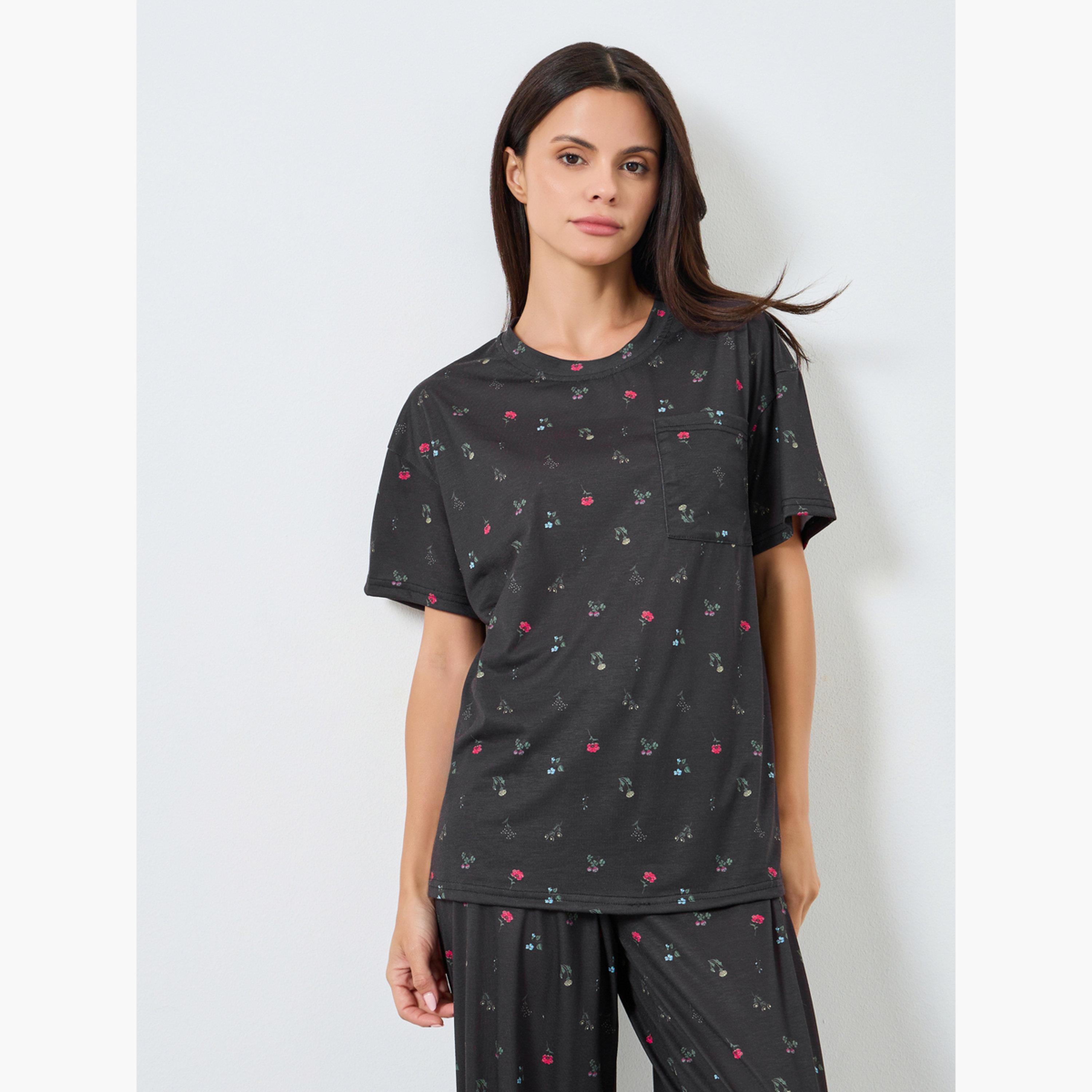 Styli Multi Floral Drop Shoulder T-Shirt and Pyjama Set-women-clothing-nightwear-pyjamas-longsets-image-2