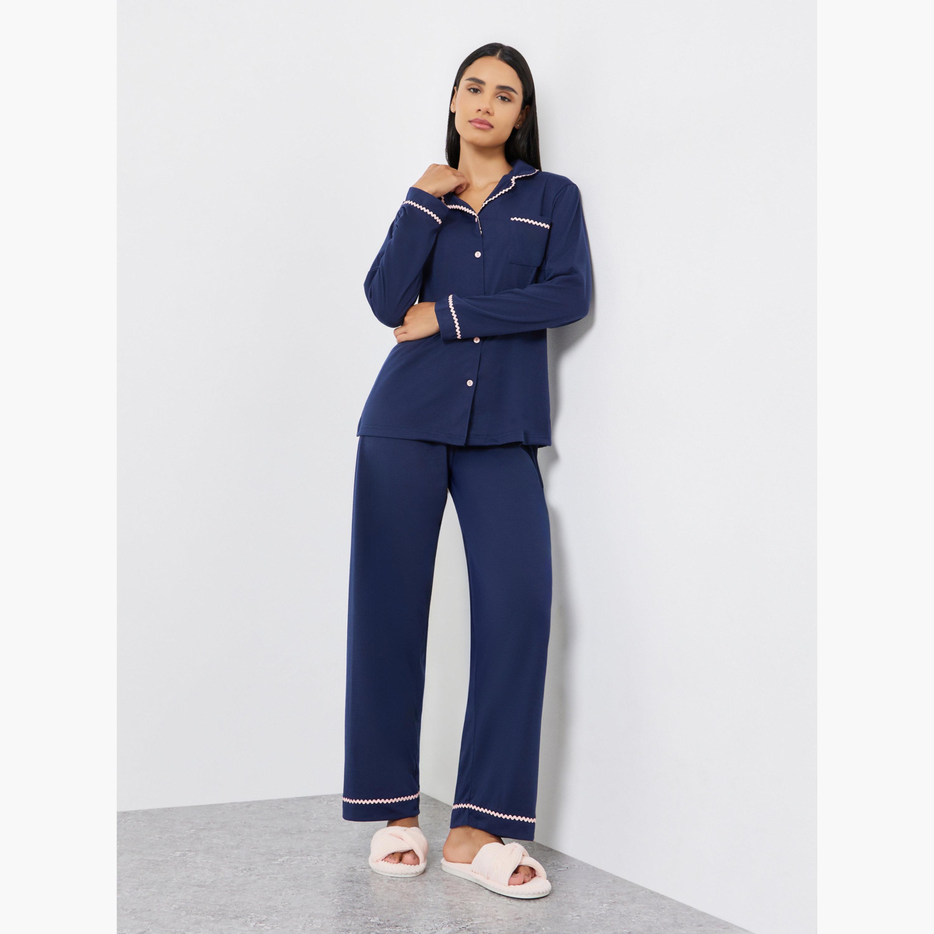 Styli Rick Rack Trim Long Sleeve Shirt and Pyjama Set-women-clothing-nightwear-pyjamas-longsets-image-1