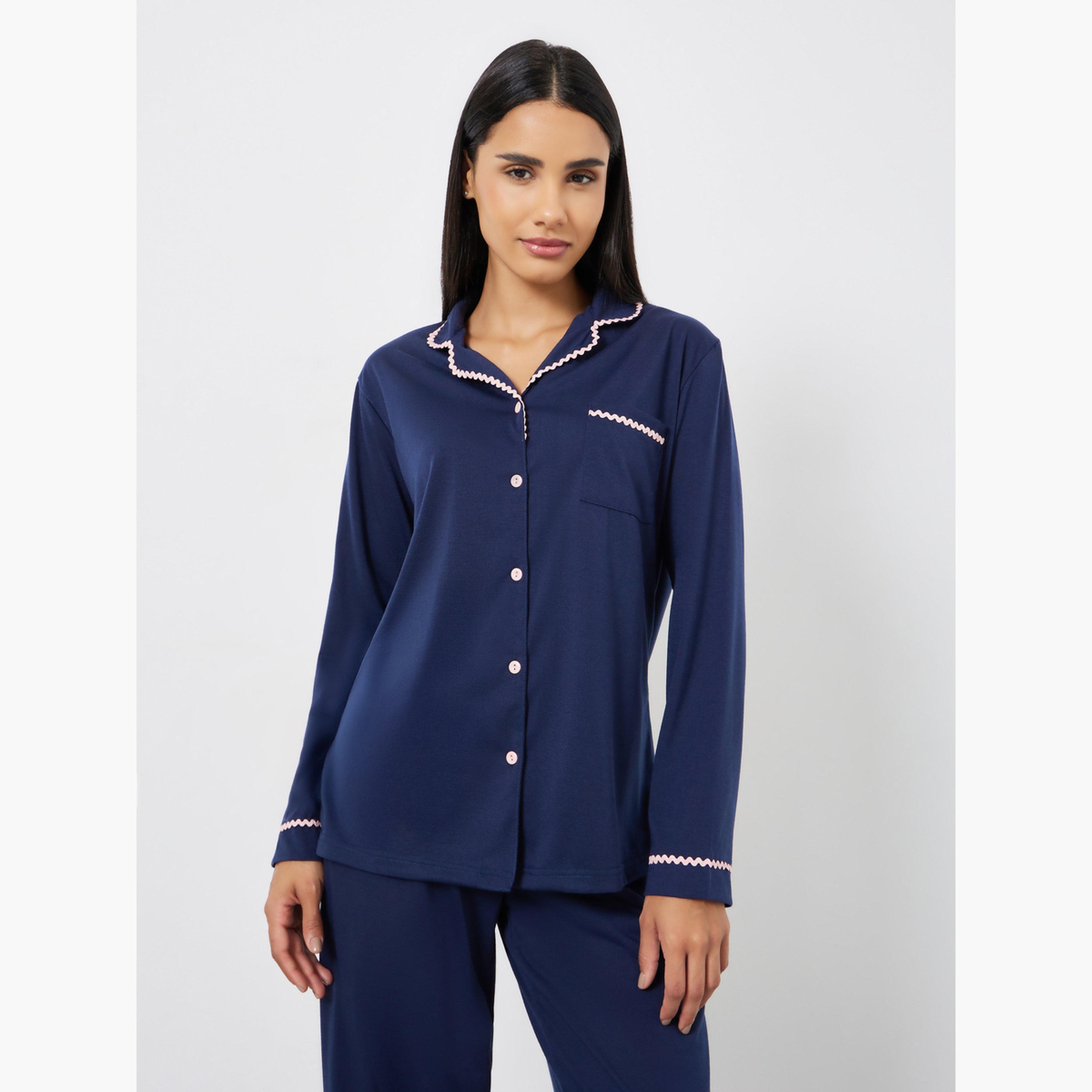 طقم بيجامة قميص بأكمام طويلة وتفاصيل حافة متعرجة-women-clothing-nightwear-pyjamas-longsets-image-2