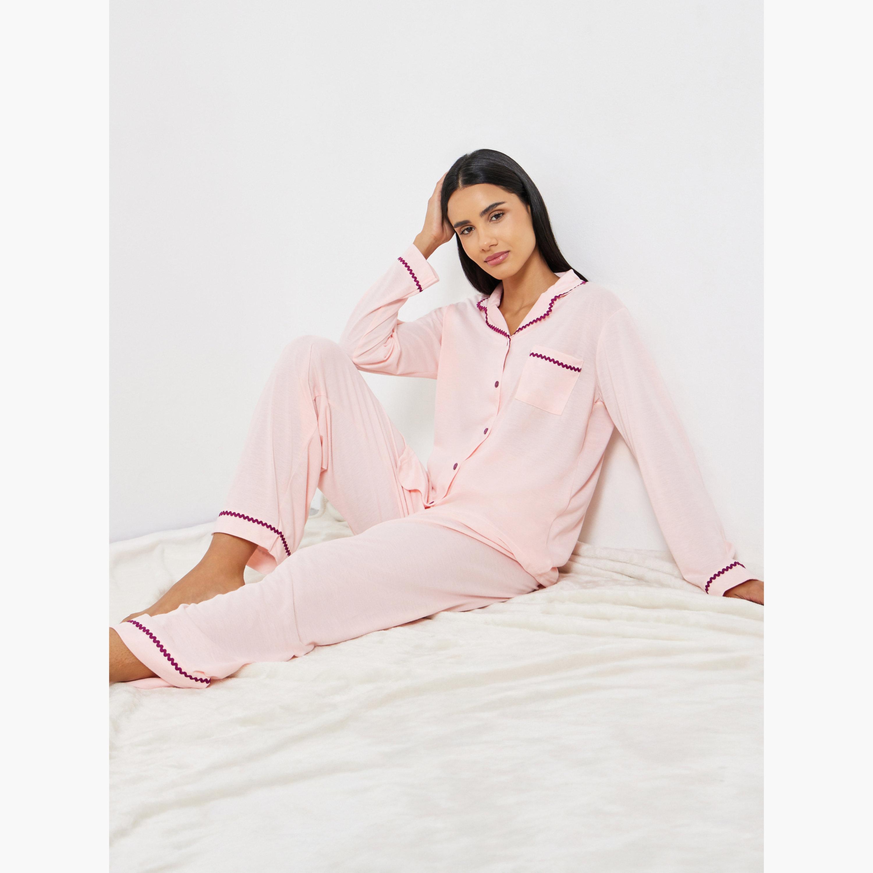 Styli Rick Rack Trim Long Sleeve Shirt and Pyjama Set-women-clothing-nightwear-pyjamas-longsets-image-2