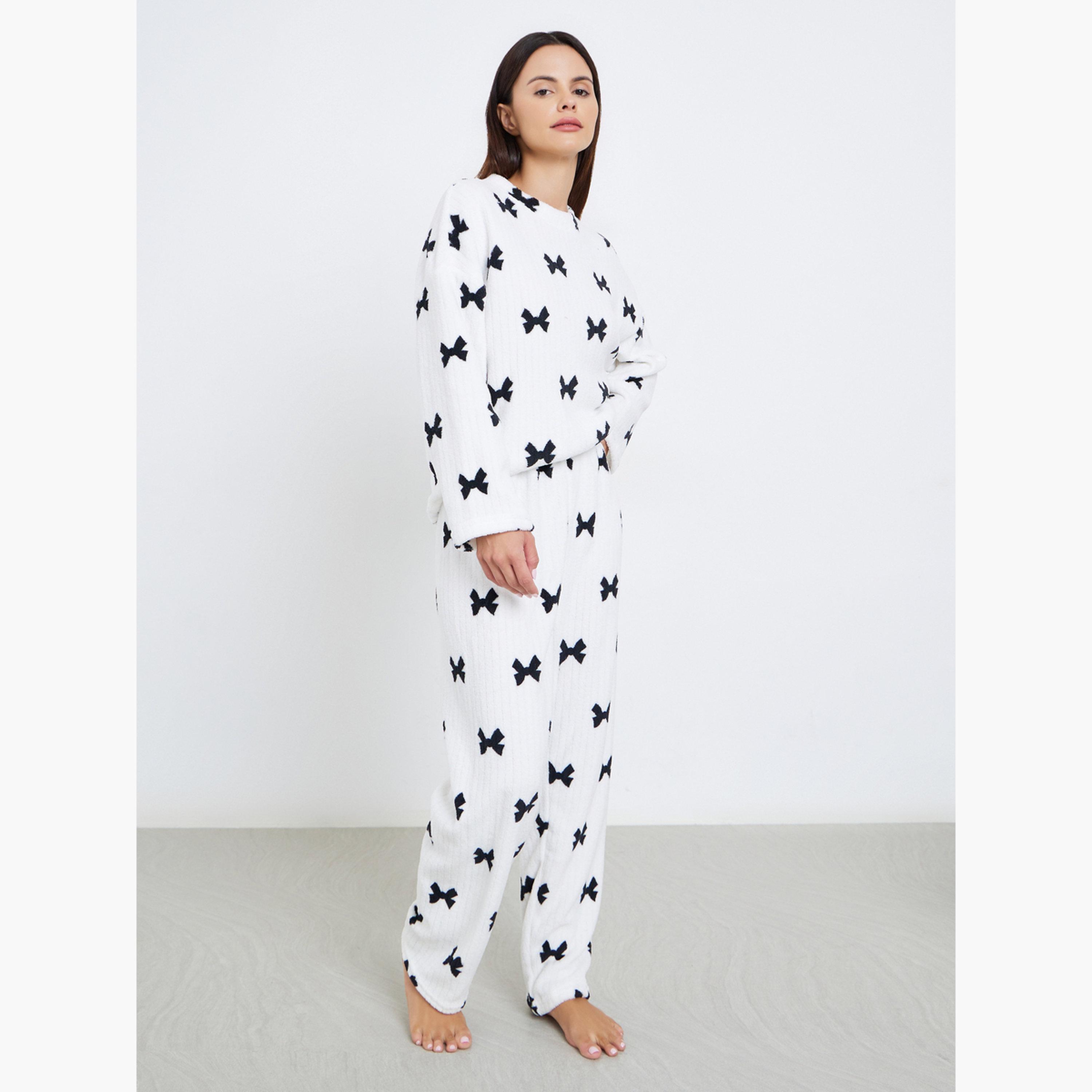 Styli Rib Fleece Bow Print Long Sleeve Top and Pyjama Set-women-clothing-nightwear-pyjamas-longsets-image-1