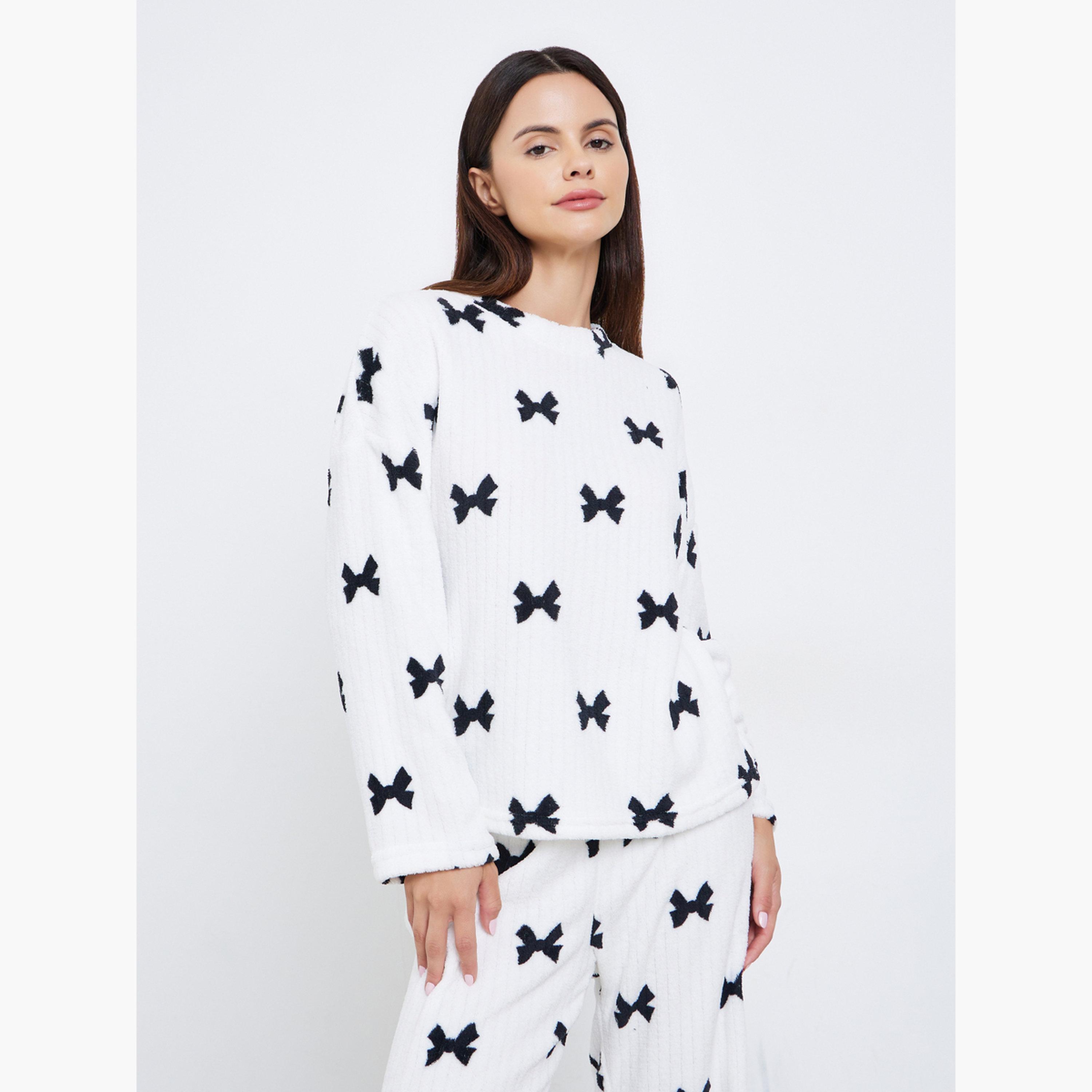 Styli Rib Fleece Bow Print Long Sleeve Top and Pyjama Set-women-clothing-nightwear-pyjamas-longsets-image-3