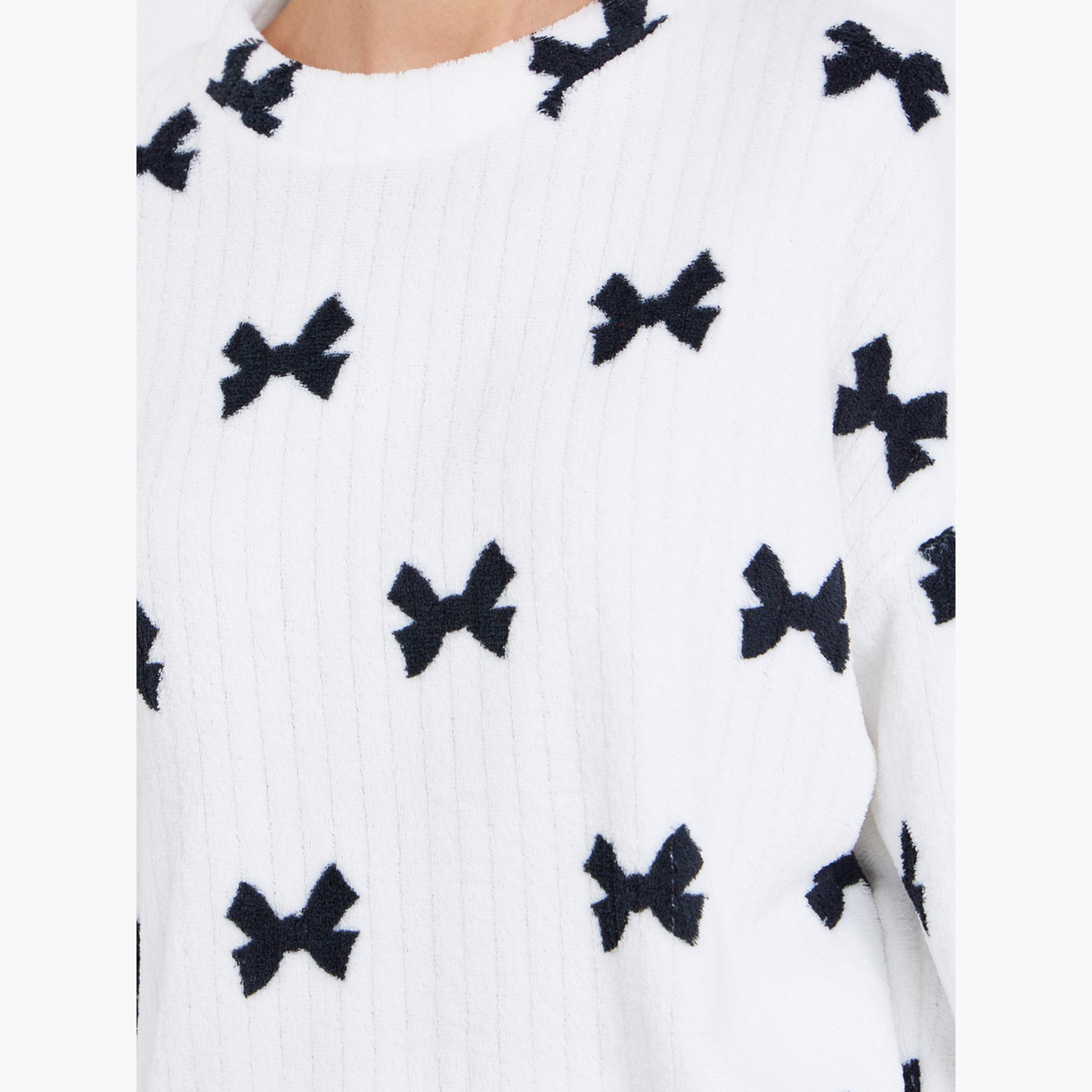 Styli Rib Fleece Bow Print Long Sleeve Top and Pyjama Set-women-clothing-nightwear-pyjamas-longsets-image-4
