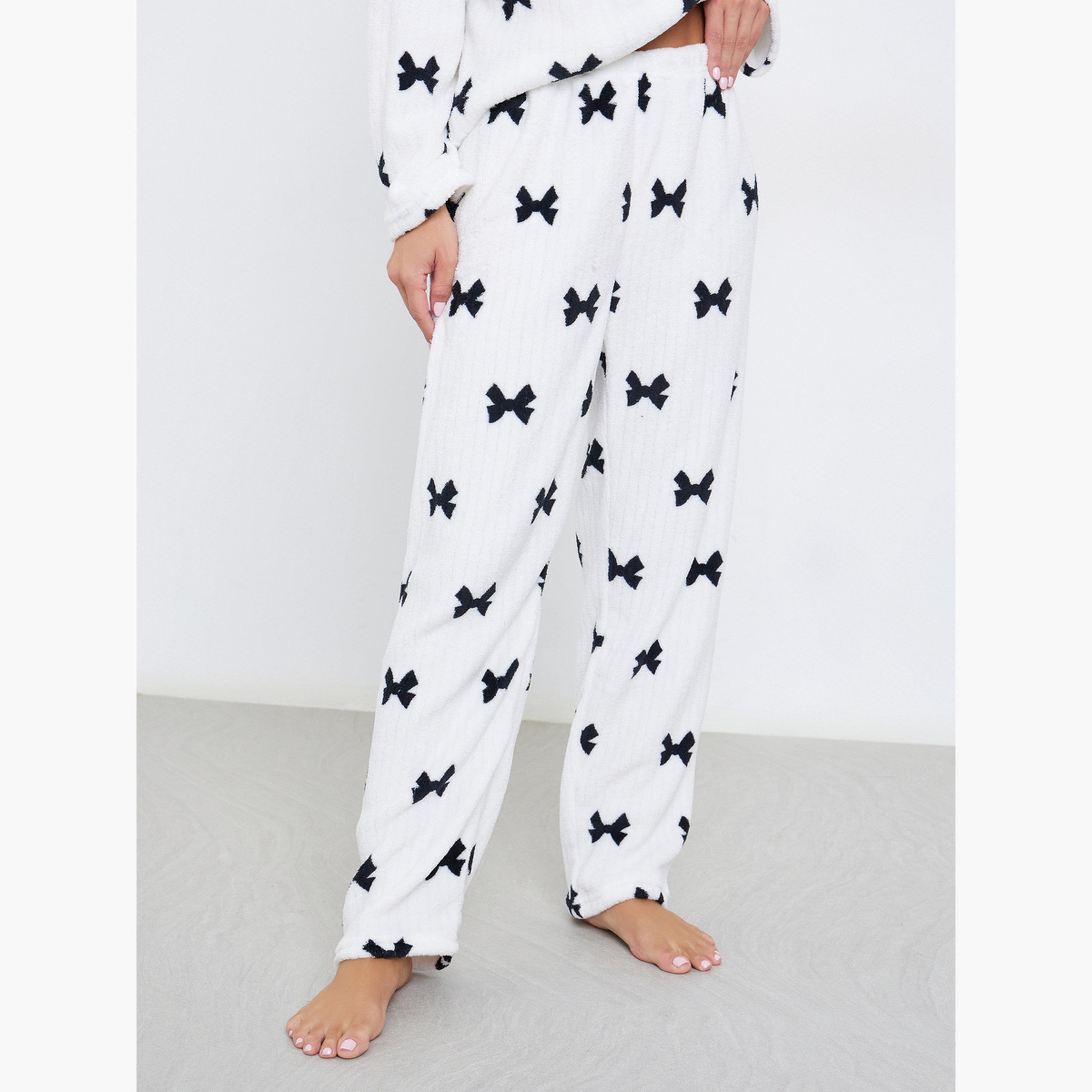 Styli Rib Fleece Bow Print Long Sleeve Top and Pyjama Set-women-clothing-nightwear-pyjamas-longsets-image-5