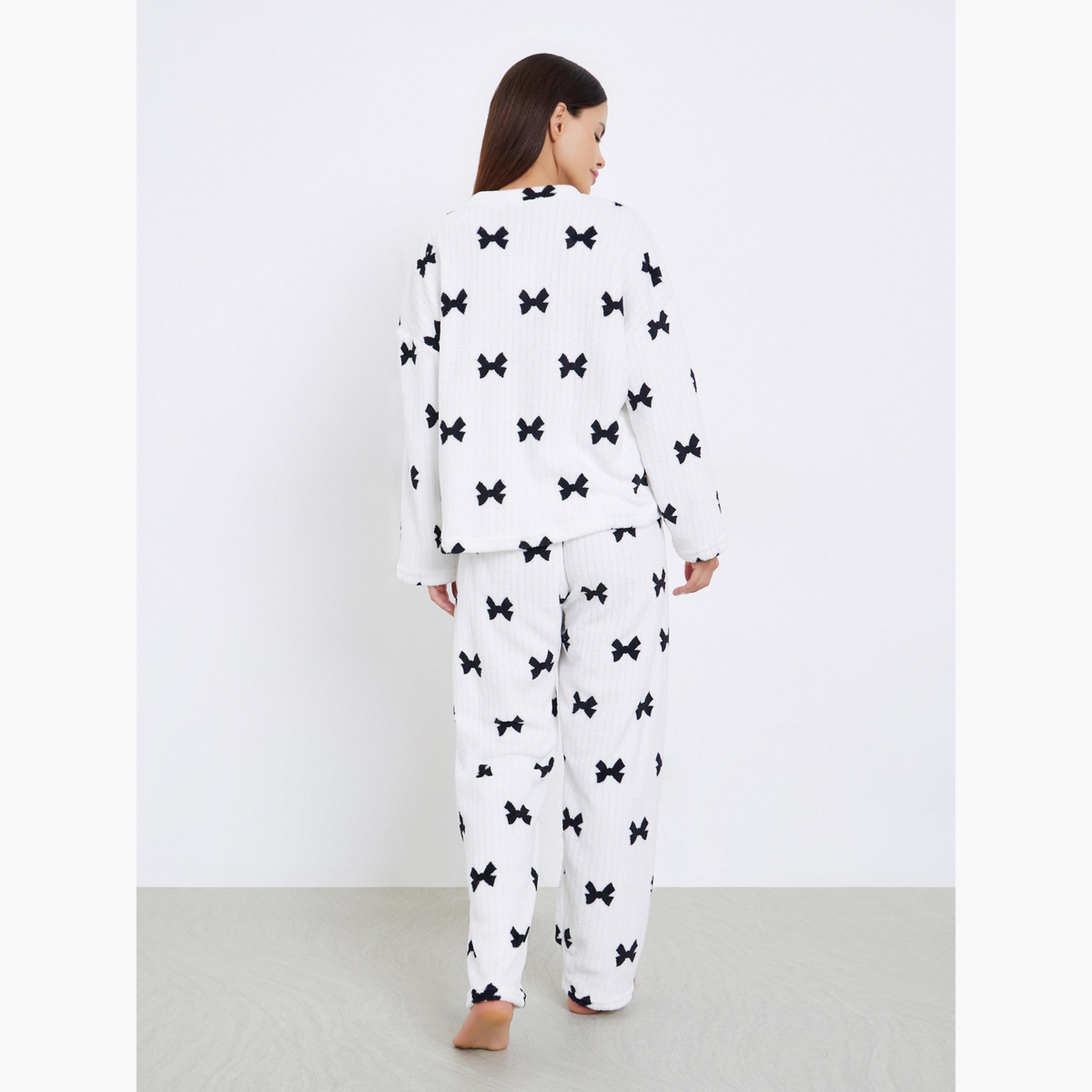 Styli Rib Fleece Bow Print Long Sleeve Top and Pyjama Set-women-clothing-nightwear-pyjamas-longsets-image-6