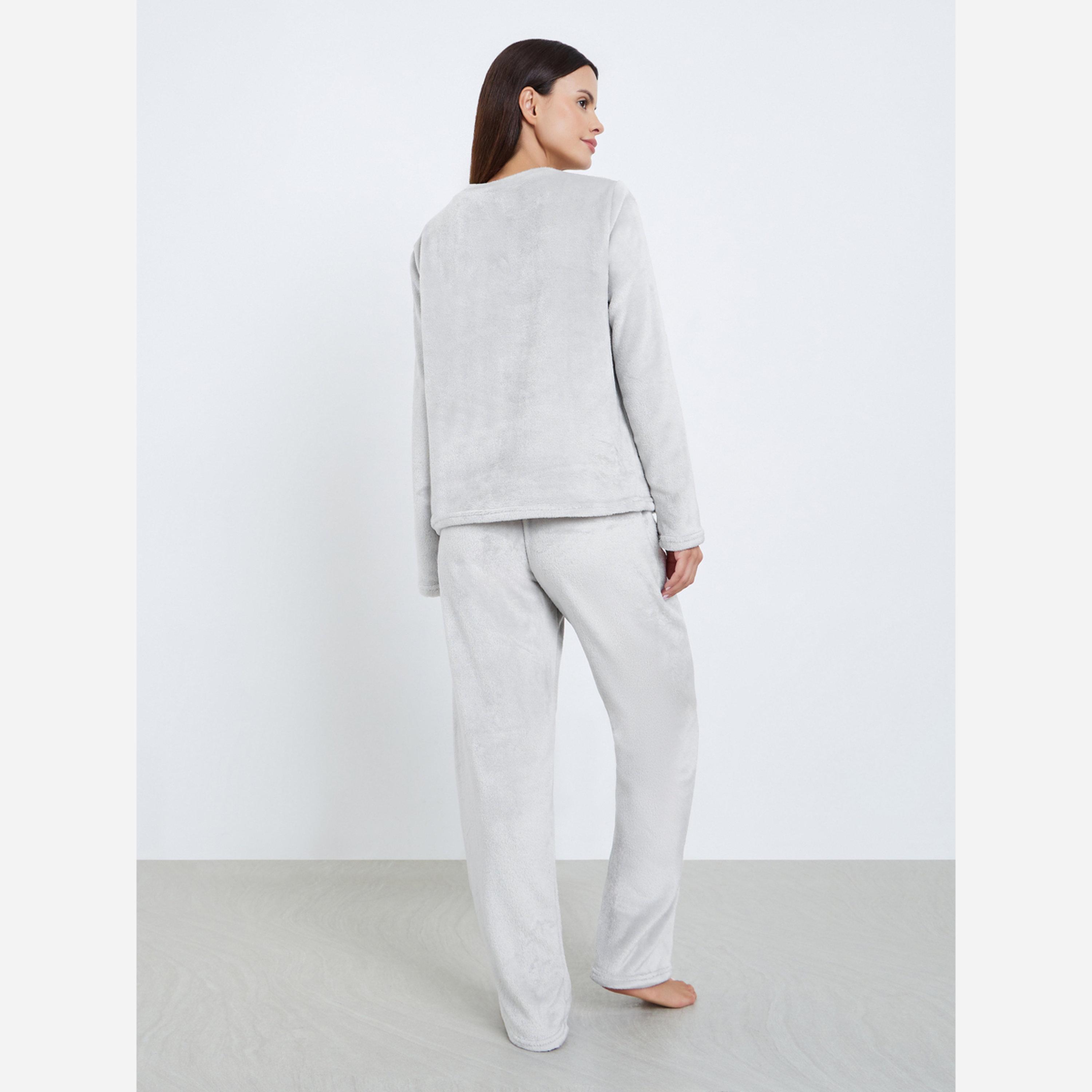 ستايلي - بيجاما بلوزة صوف أكمام طويلة مزينة بتطريز-women-clothing-nightwear-pyjamas-longsets-image-5