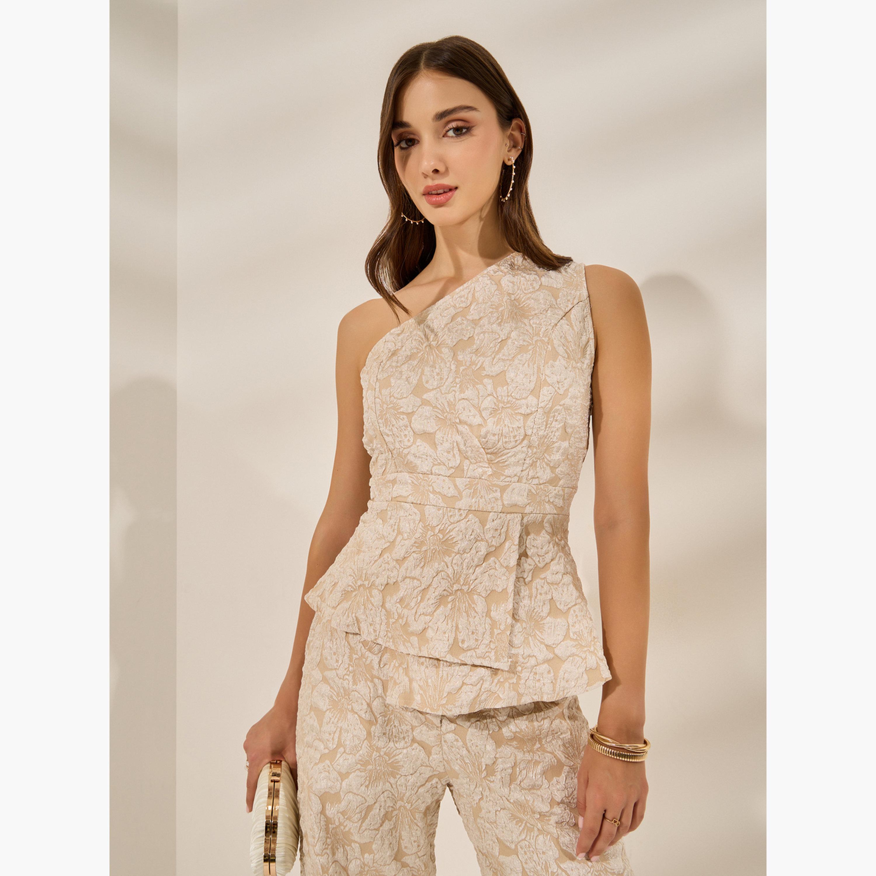 Styli Beige Jacquard Sleeveless Blouse-women-clothing-shirtsandblouses-blouses-image-1