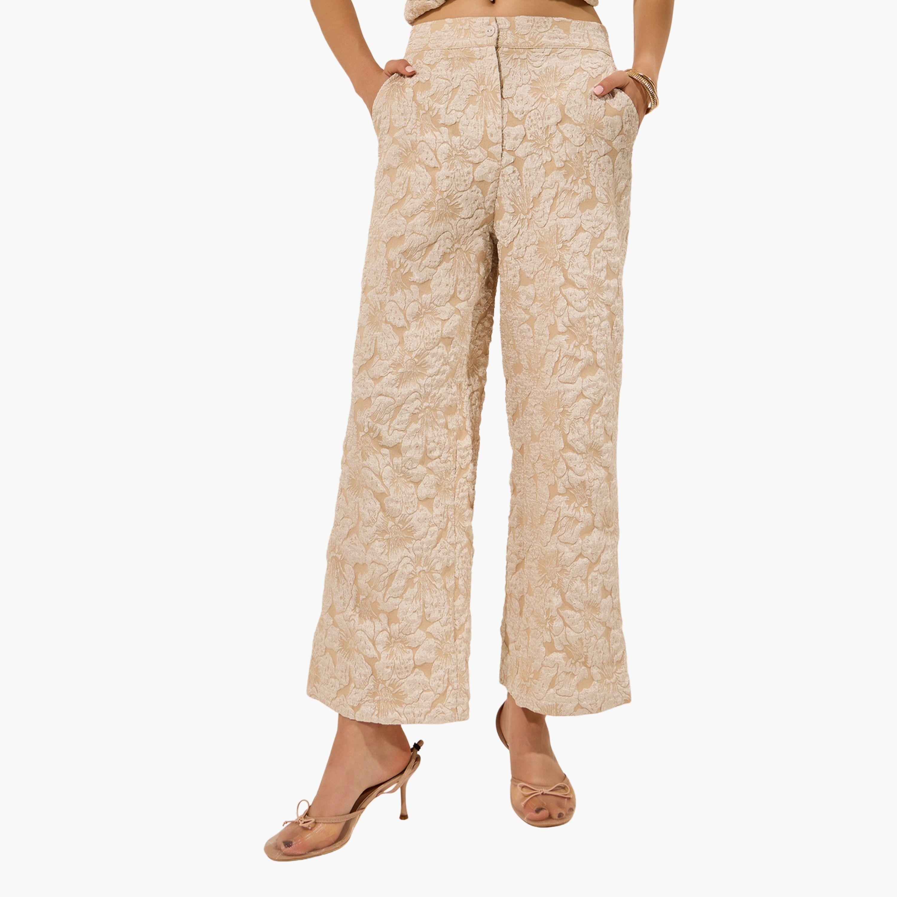 ستايلي - بنطال جاكار واسع الساق لون بيج-women-clothing-bottoms-trousers-image-1