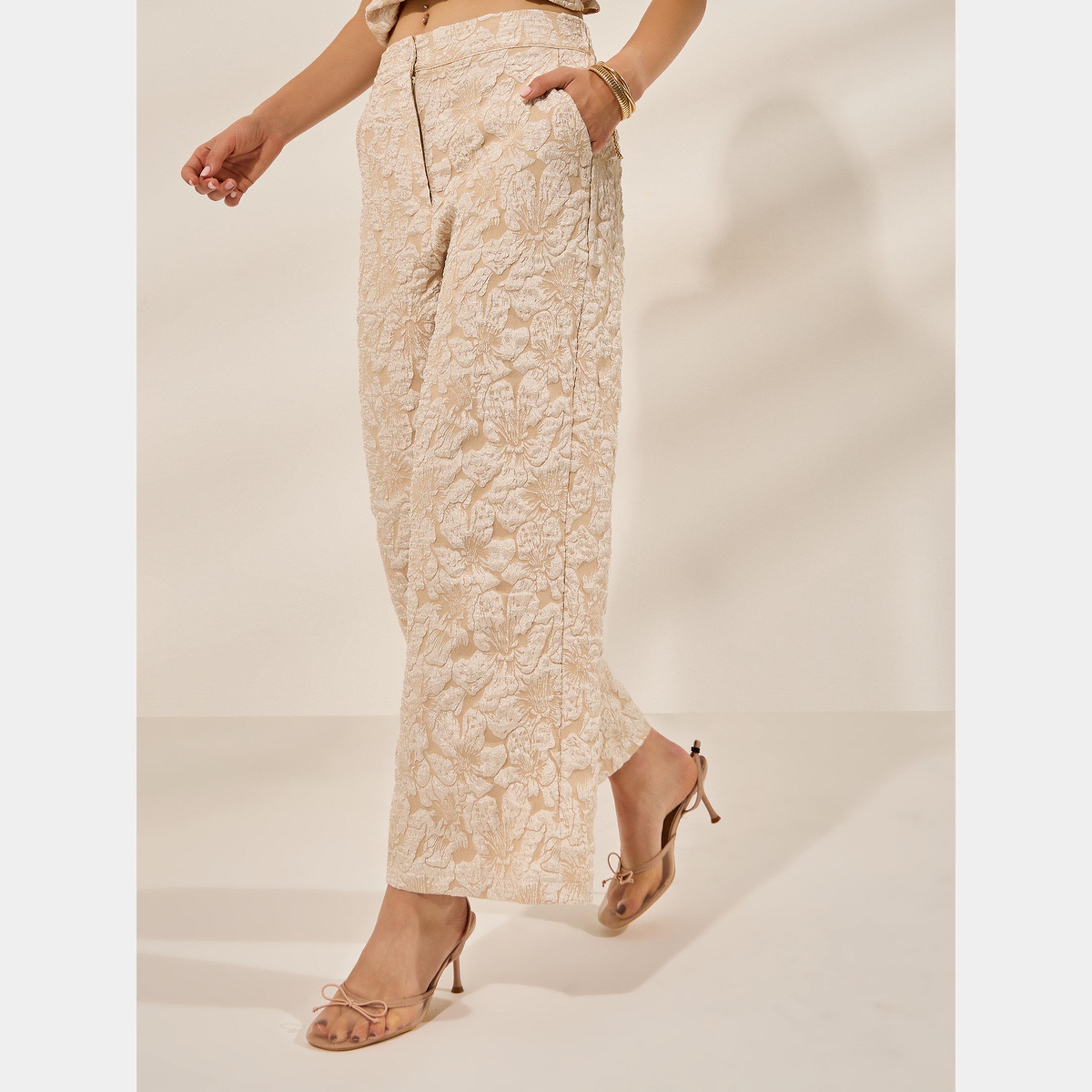 ستايلي - بنطال جاكار واسع الساق لون بيج-women-clothing-bottoms-trousers-image-3
