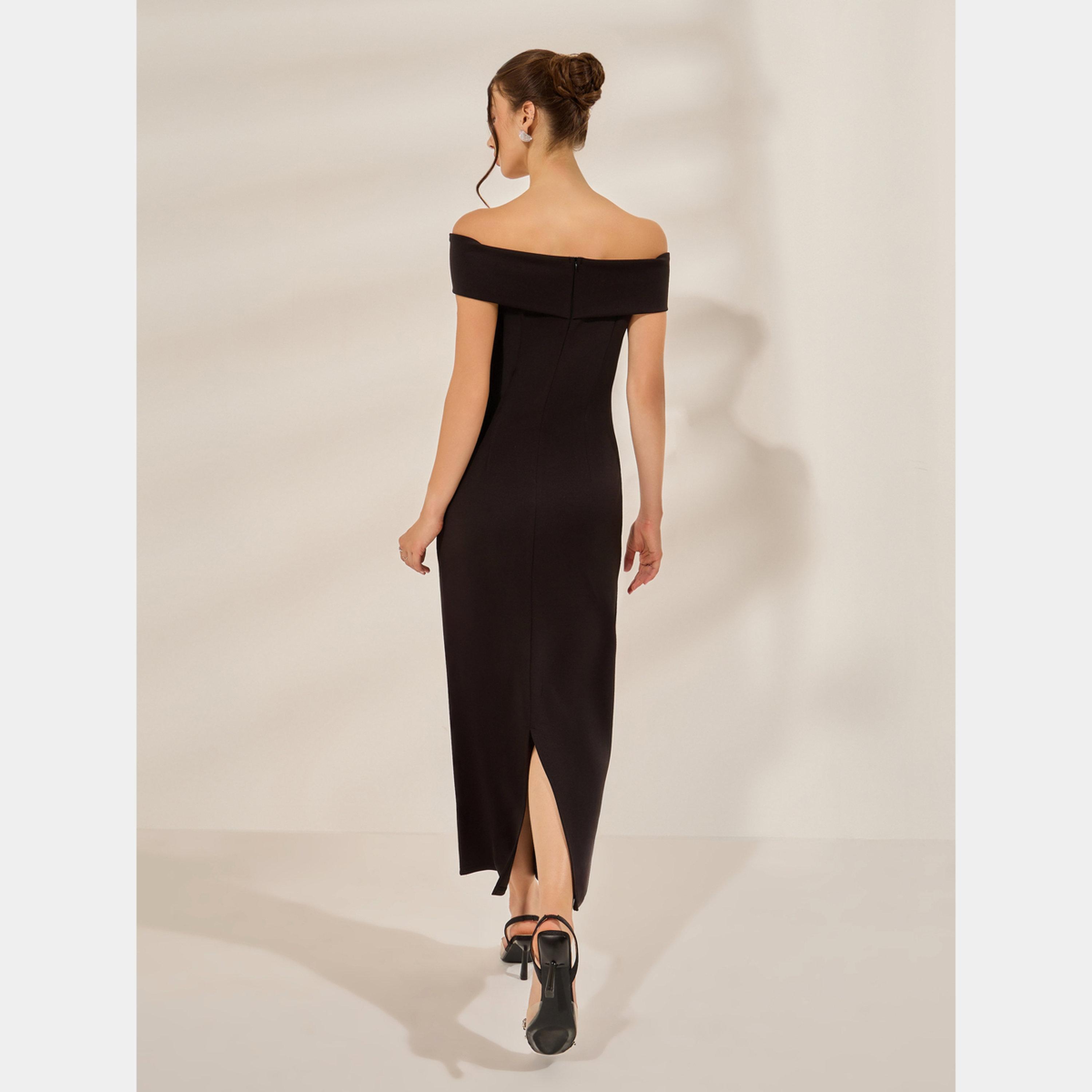 ستايلي - فستان ماكسي ضيق أسود مزين بأكتاف مكشوفة للنساء-women-clothing-dresses-image-5