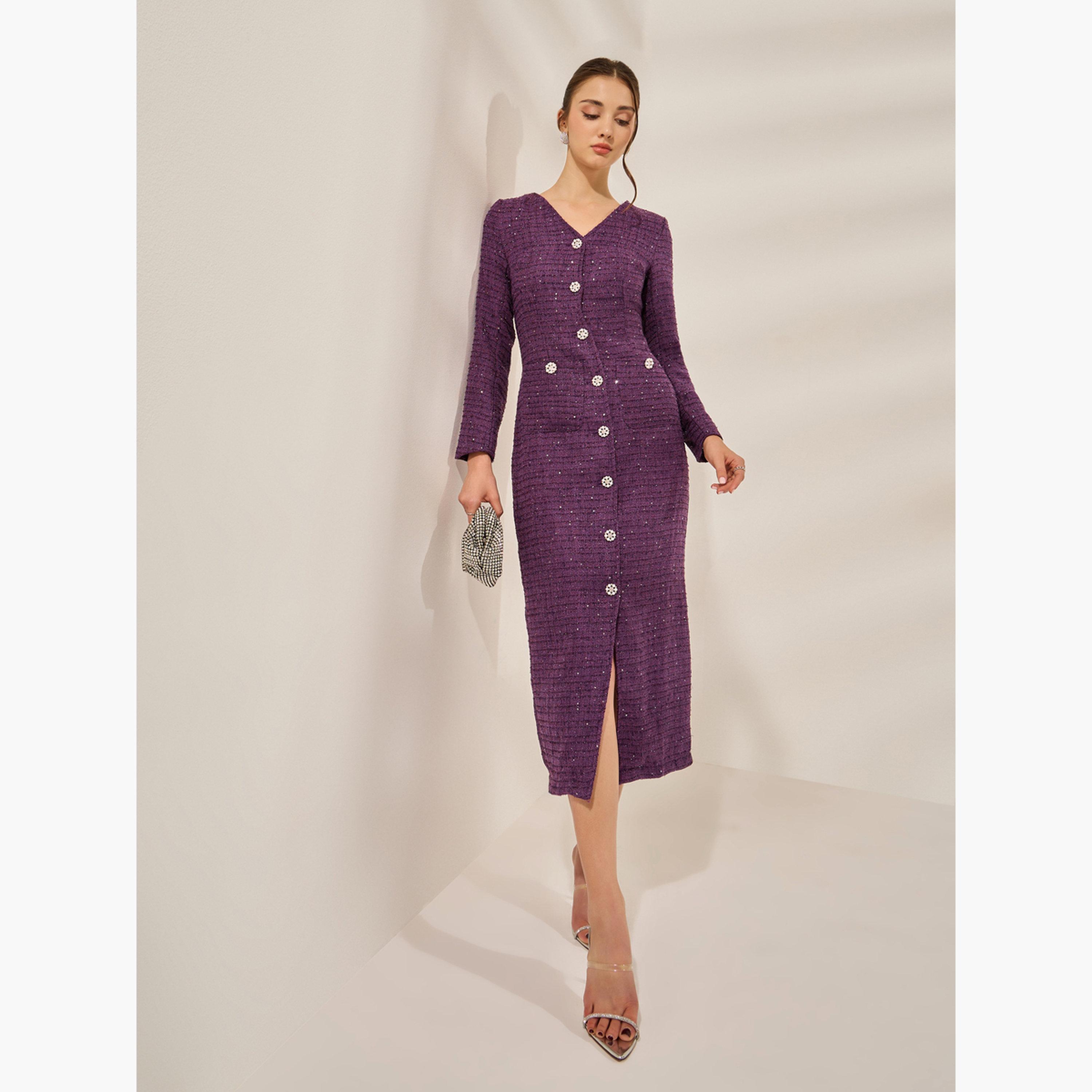 ستايلي - فستان تويد متوسط ​​الطول مزين لون بنفسجي-women-clothing-dresses-image-1