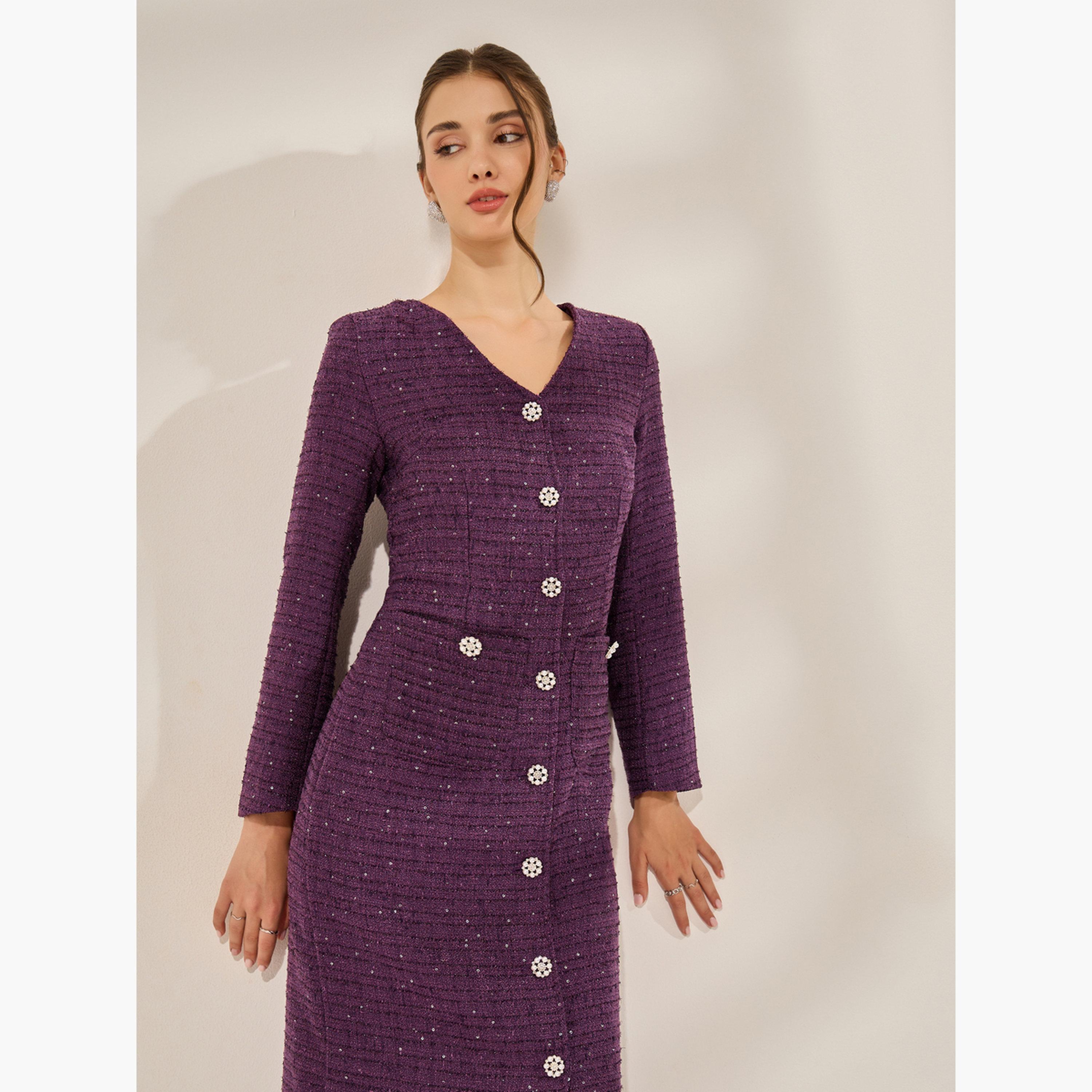 ستايلي - فستان تويد متوسط ​​الطول مزين لون بنفسجي-women-clothing-dresses-image-2