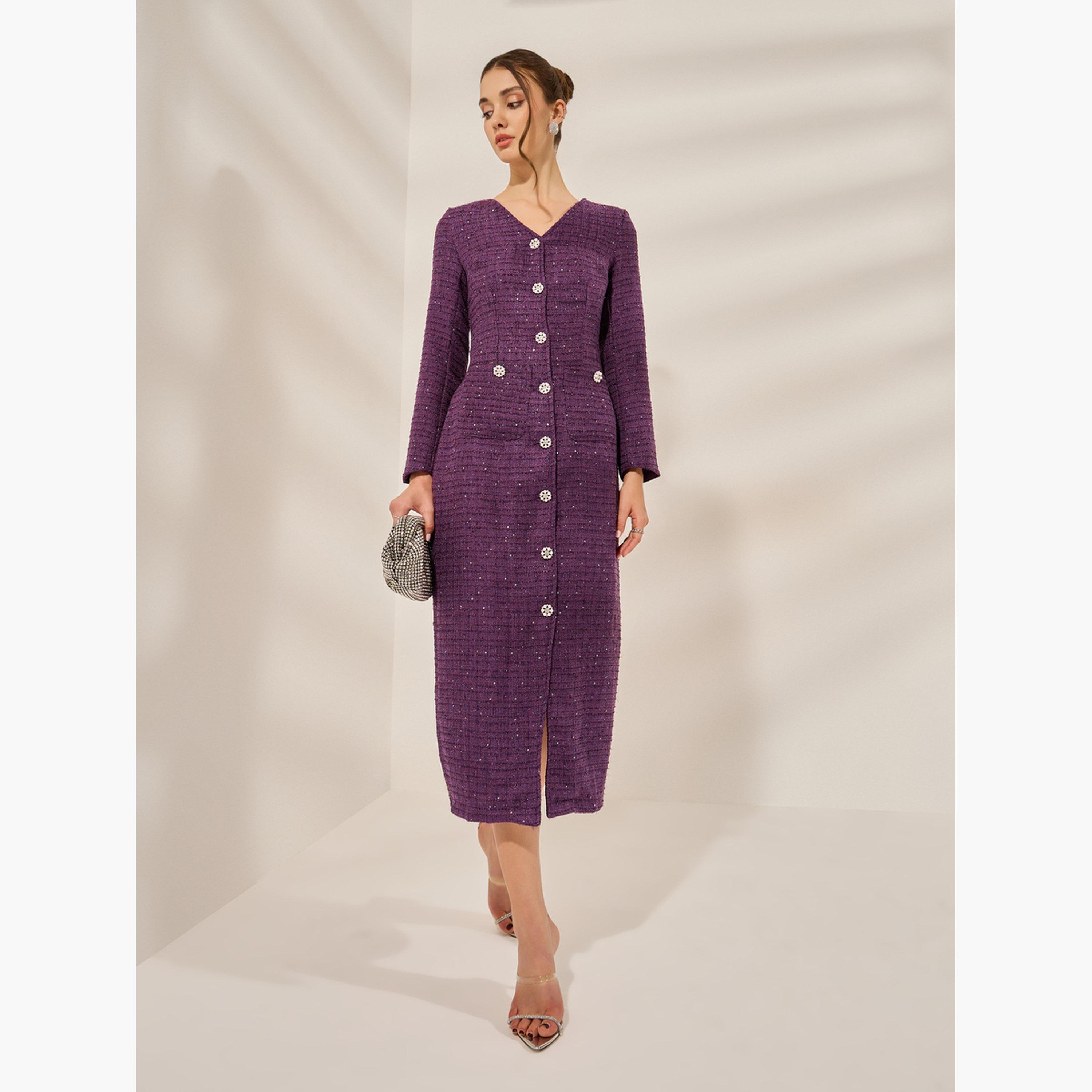 ستايلي - فستان تويد متوسط ​​الطول مزين لون بنفسجي-women-clothing-dresses-image-3