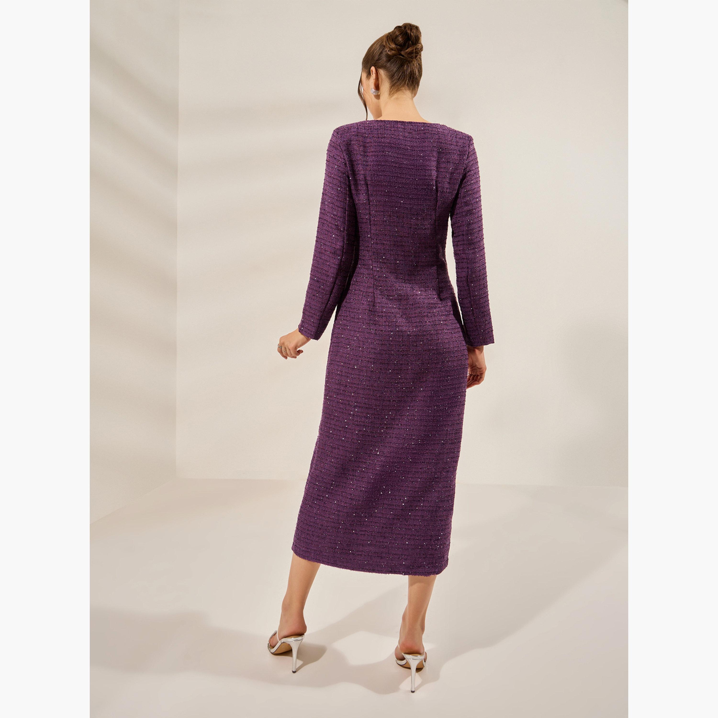 ستايلي - فستان تويد متوسط ​​الطول مزين لون بنفسجي-women-clothing-dresses-image-4