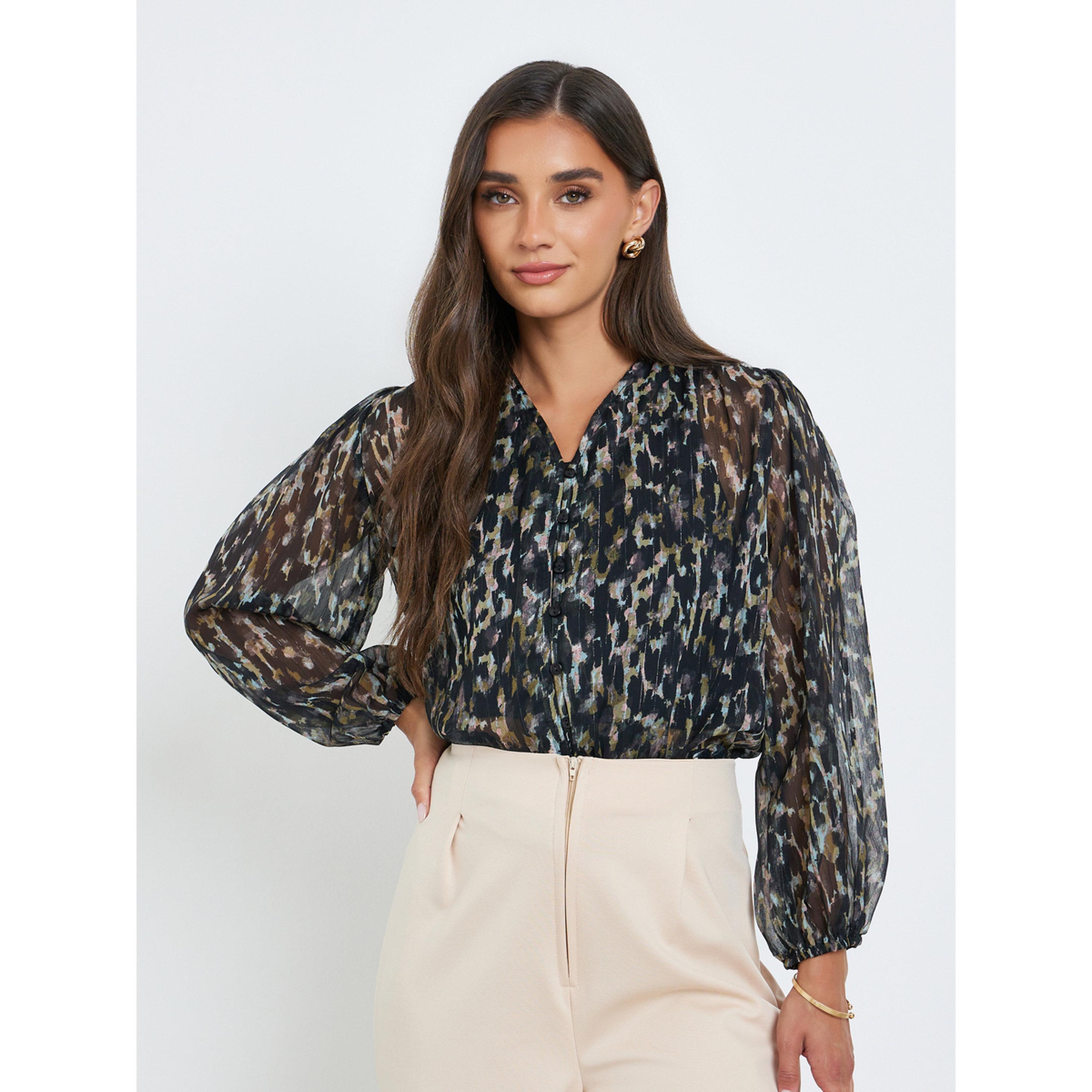 Styli Black Print Sheer Balloon Sleeves Blouse-women-clothing-shirtsandblouses-blouses-image-3