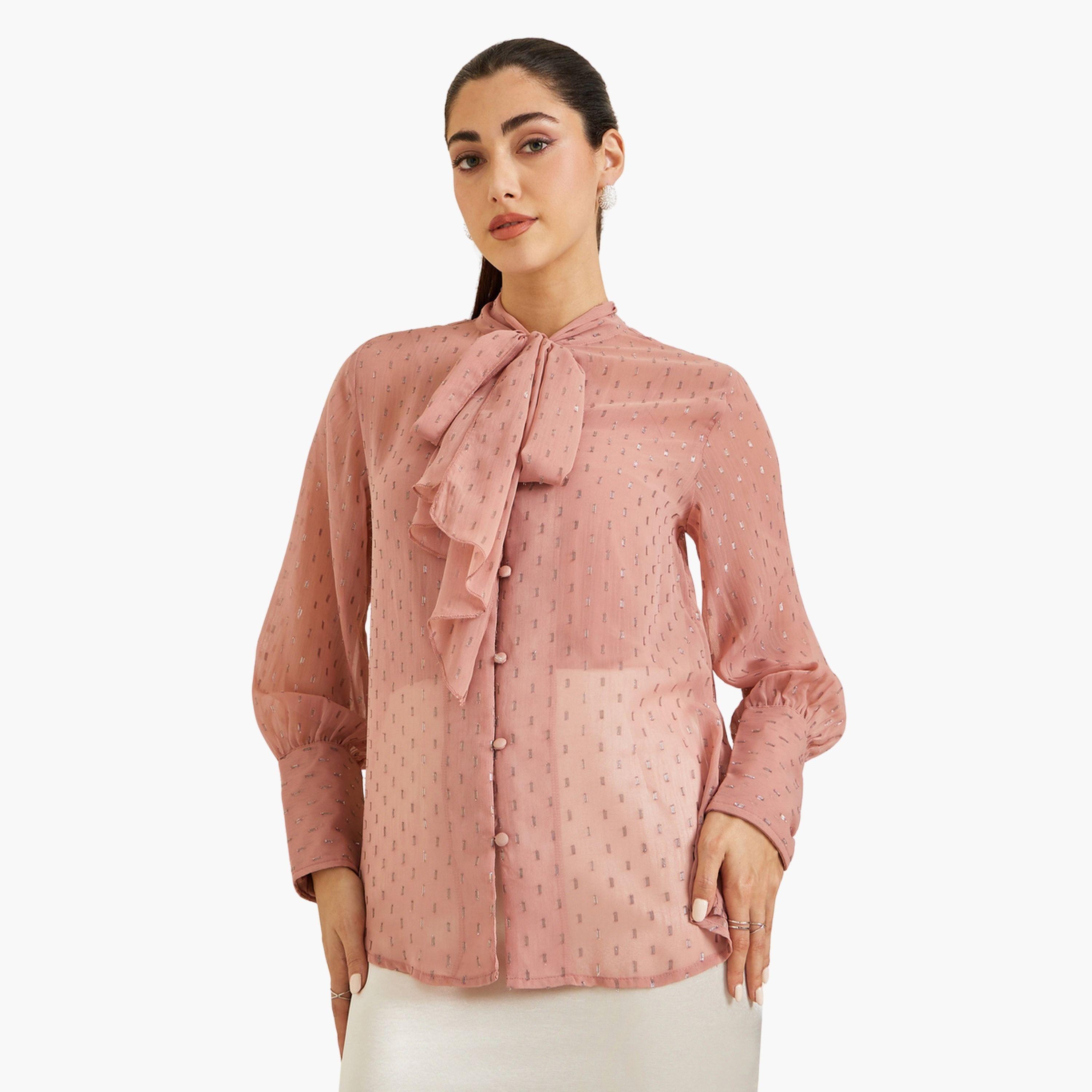 بلوزة برباط عنق وملمس بارز-women-clothing-shirtsandblouses-blouses-image-1