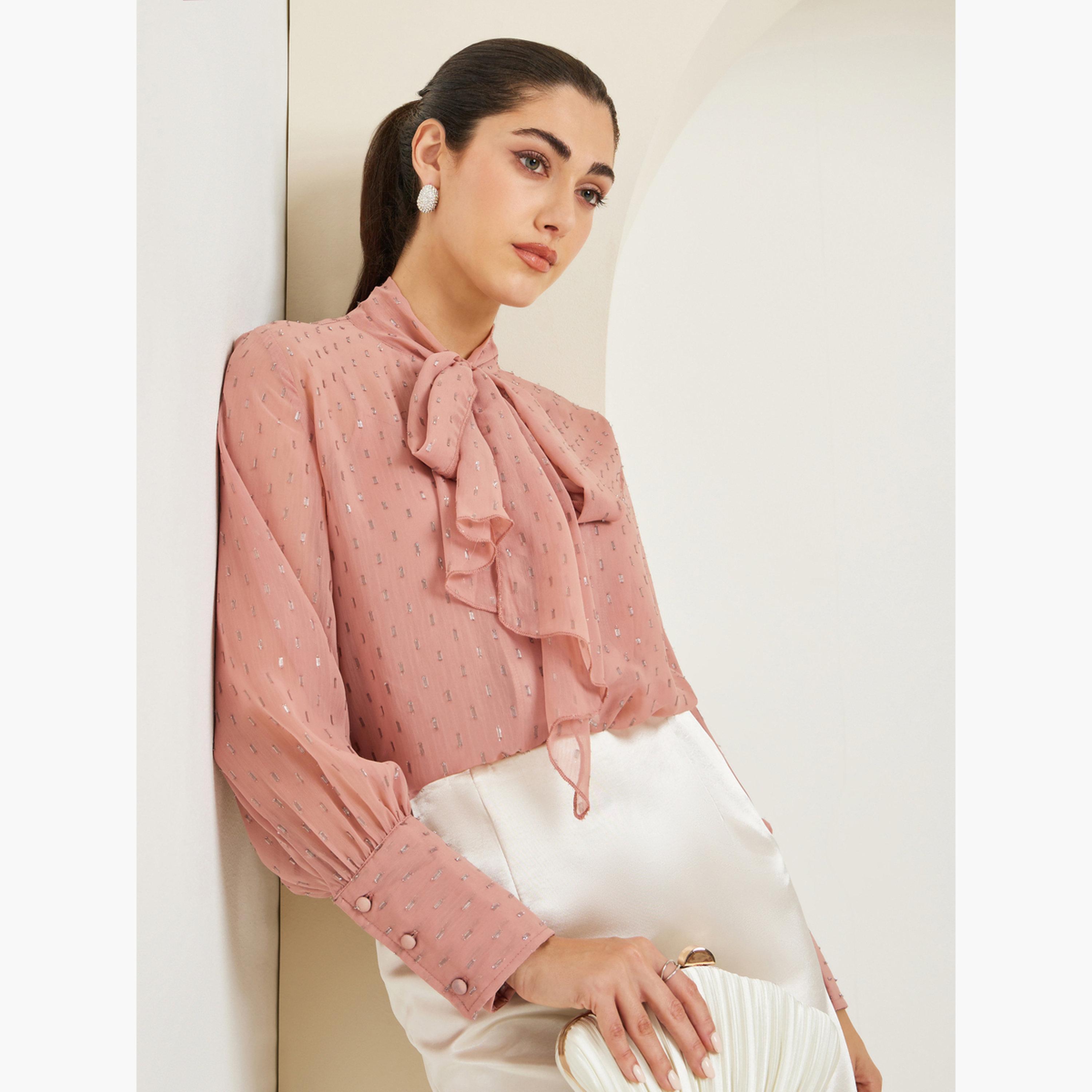 بلوزة برباط عنق وملمس بارز-women-clothing-shirtsandblouses-blouses-image-3