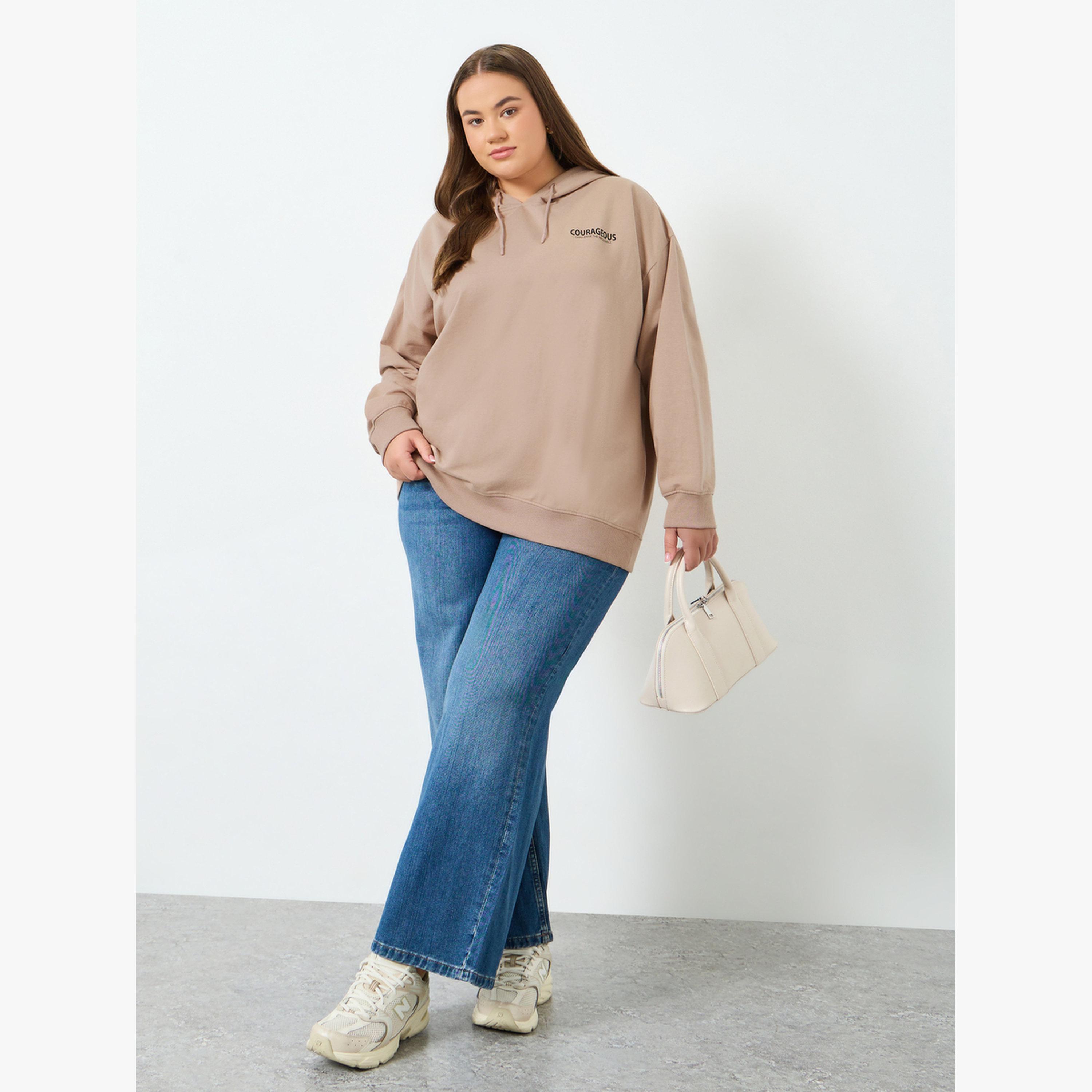 Styli Plus Size Tan Slogan Print Longline Hoodie-women-winterwear-hoodiesandsweatshirts-hoodies-image-2
