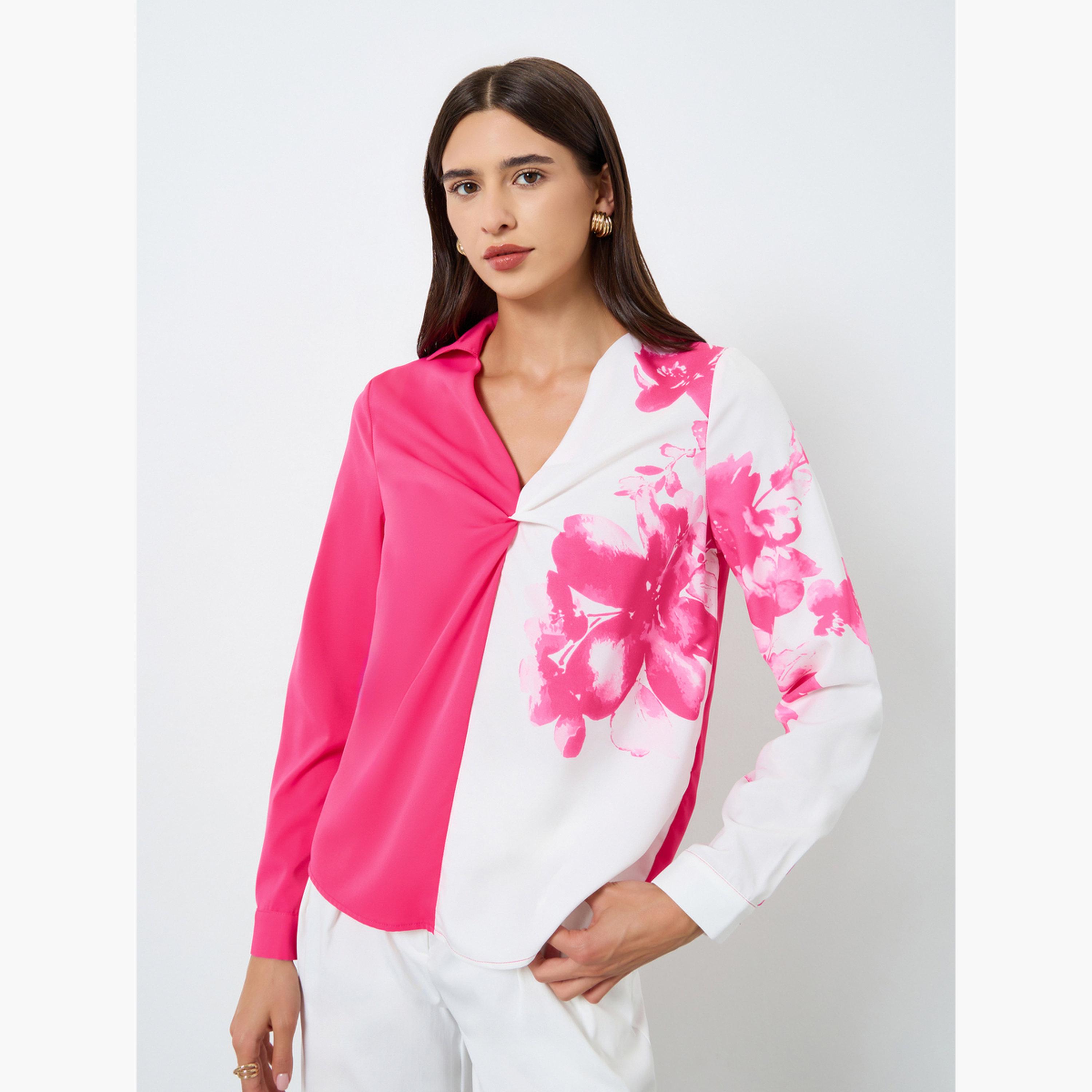 تيك تو - بلوزة بأكمام طويلة وتفاصيل كشكشة أمامية مطبوعة بالزهور-women-clothing-shirtsandblouses-blouses-image-1