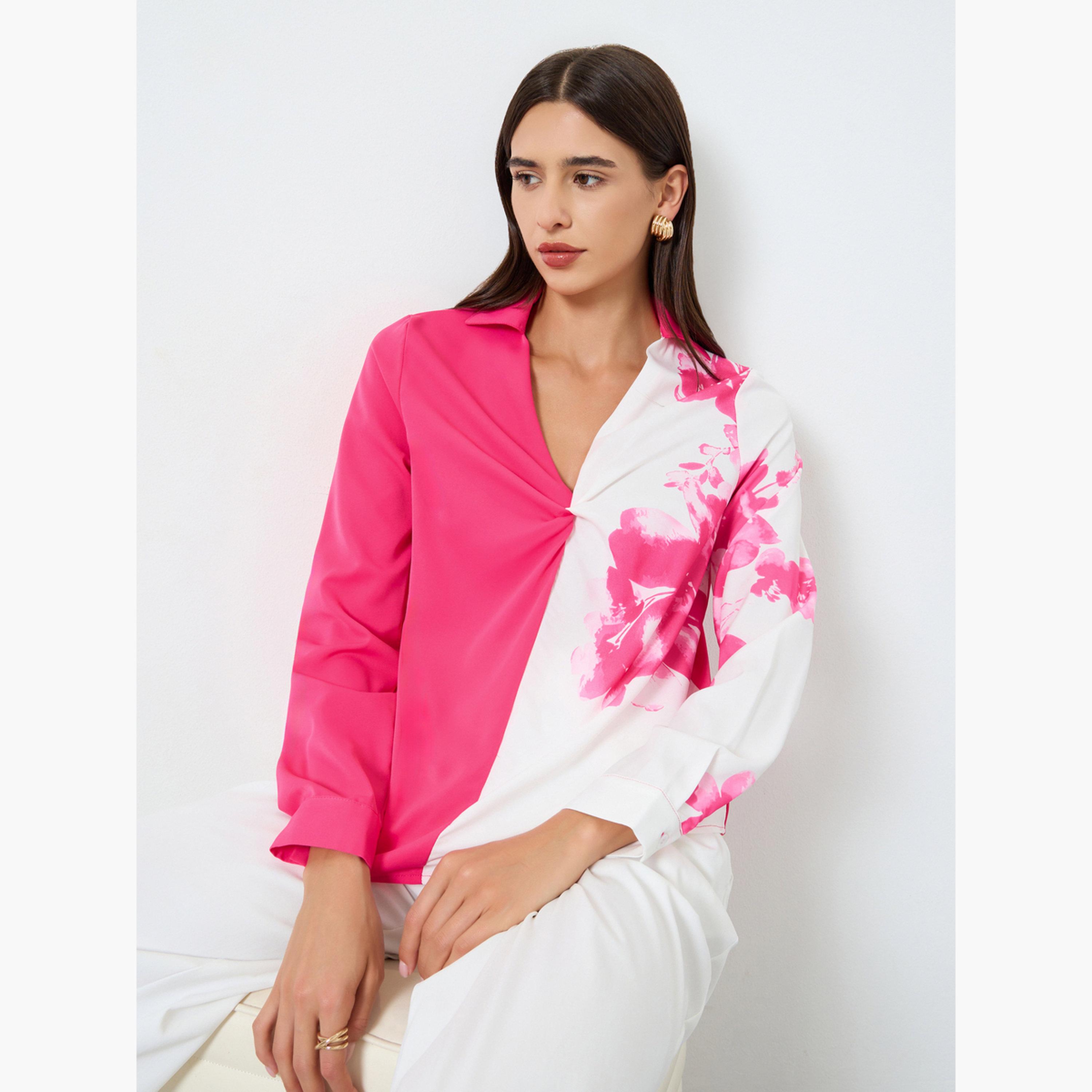 تيك تو - بلوزة بأكمام طويلة وتفاصيل كشكشة أمامية مطبوعة بالزهور-women-clothing-shirtsandblouses-blouses-image-3