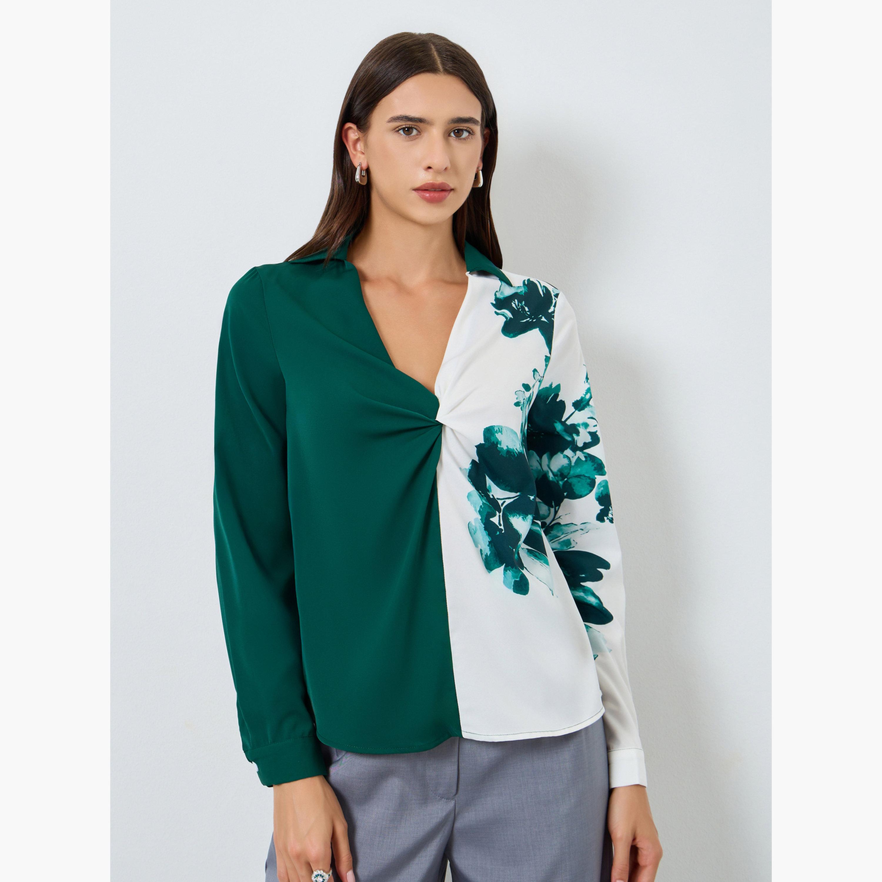 تيك تو - بلوزة بأكمام طويلة وتفاصيل كشكشة أمامية مطبوعة بالزهور-women-clothing-shirtsandblouses-blouses-image-3