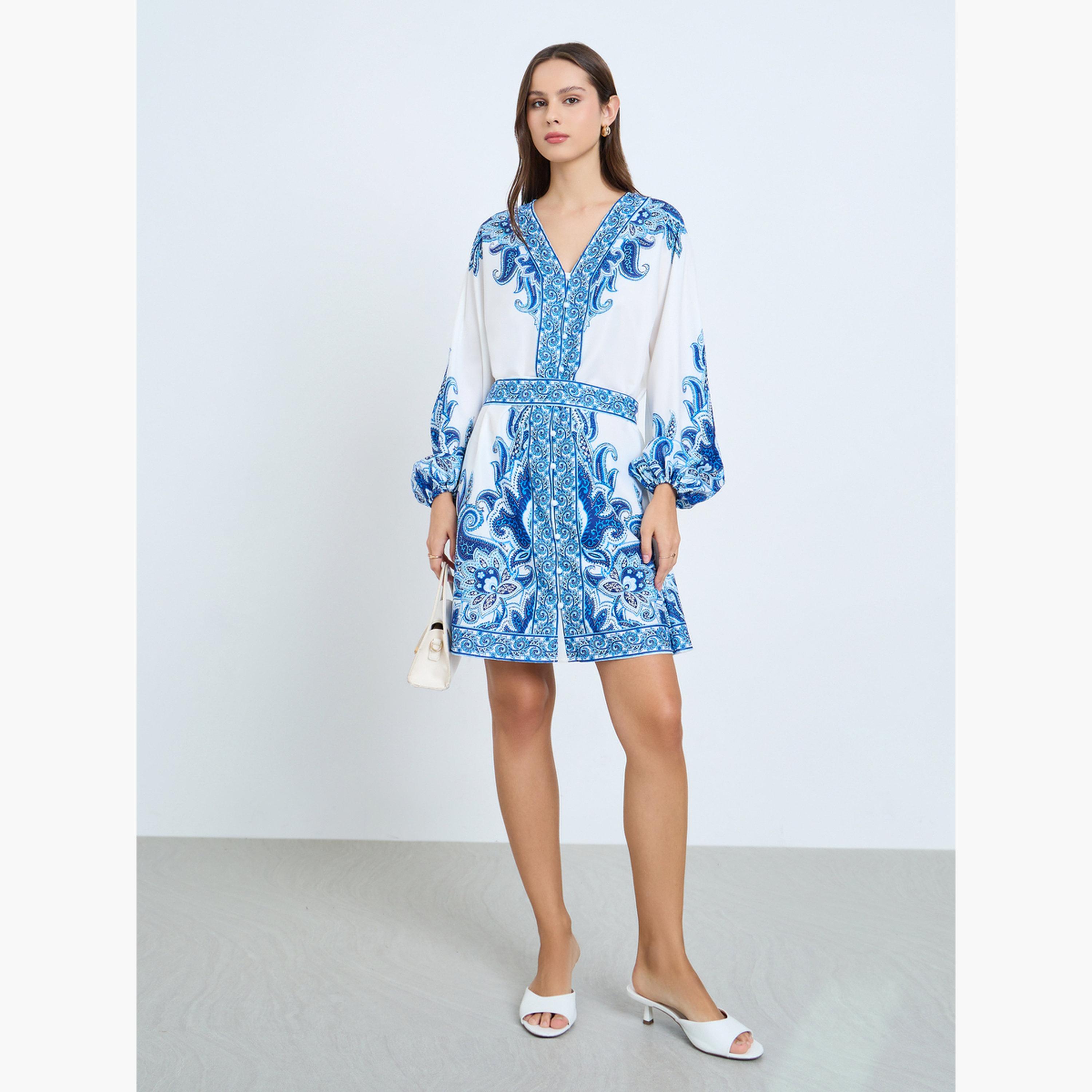 Take Two Blue Floral Printed Balloon Sleeve Mini Dress-women-clothing-dresses-image-2