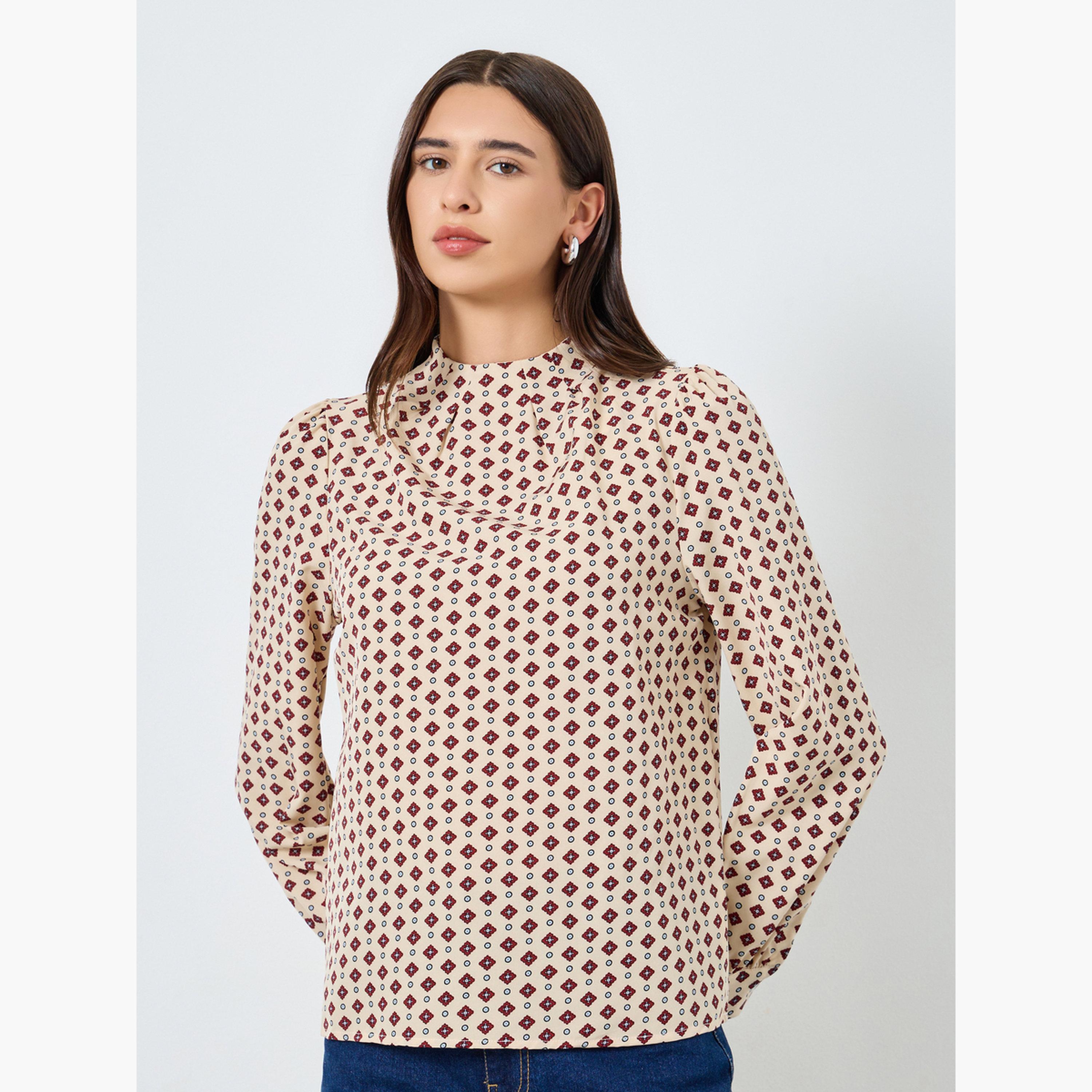 Take Two All-Over Printed Mock Neck Puff Sleeve Top-women-clothing-shirtsandblouses-blouses-image-1
