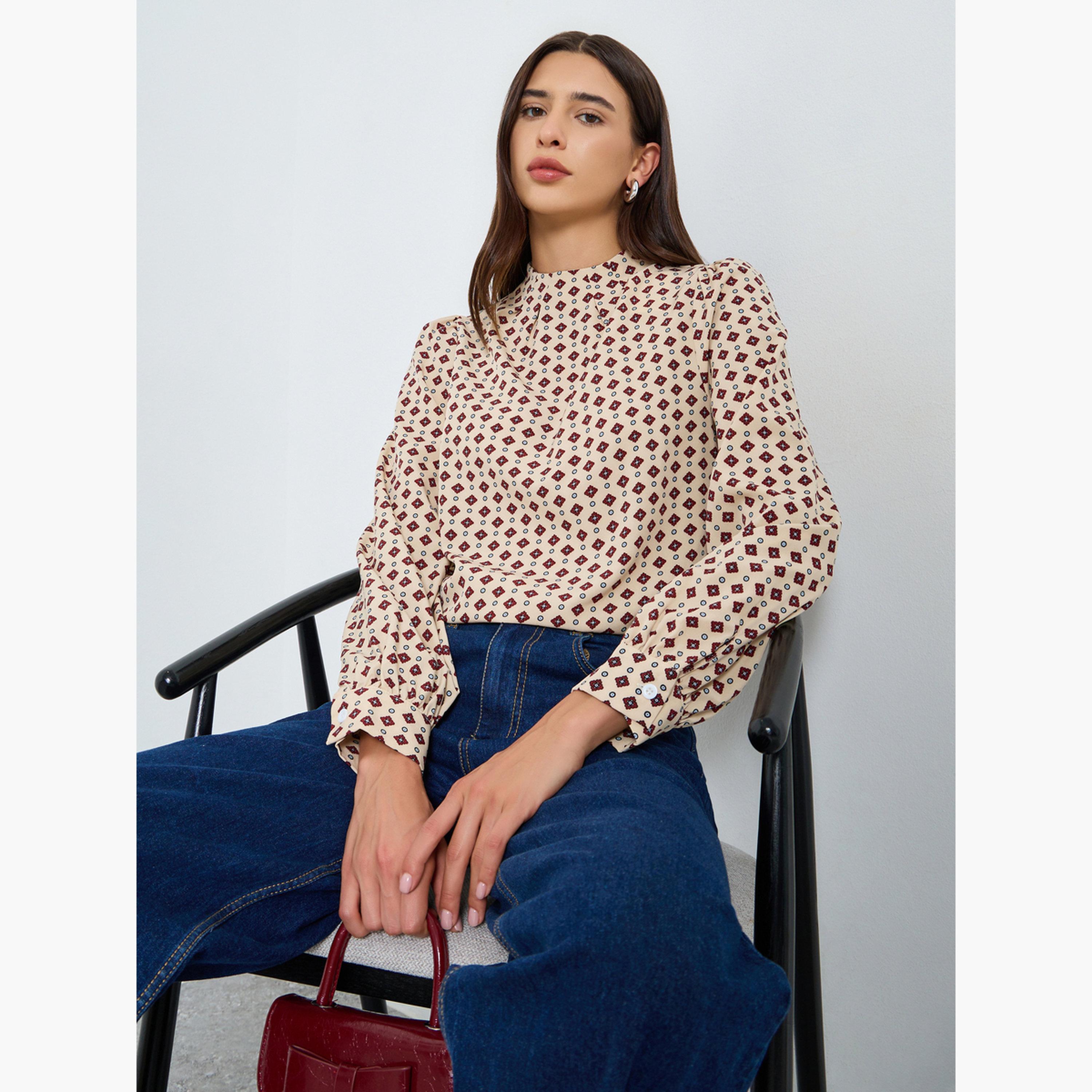 تيك تو - بلوزة بأكمام منتفخة رقبة وهمية مطبوعة بالكامل-women-clothing-shirtsandblouses-blouses-image-3